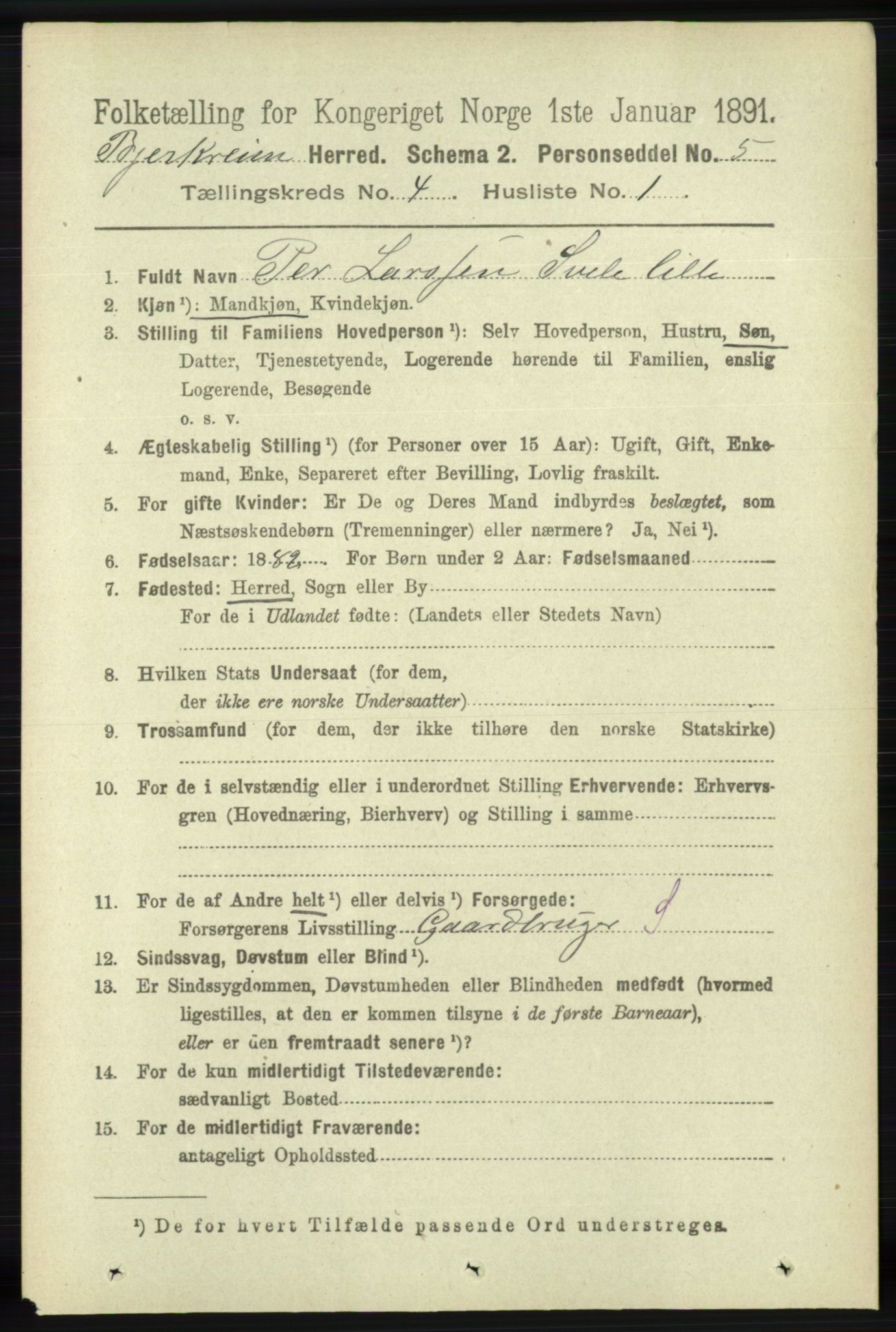 RA, 1891 census for 1114 Bjerkreim, 1891, p. 1230