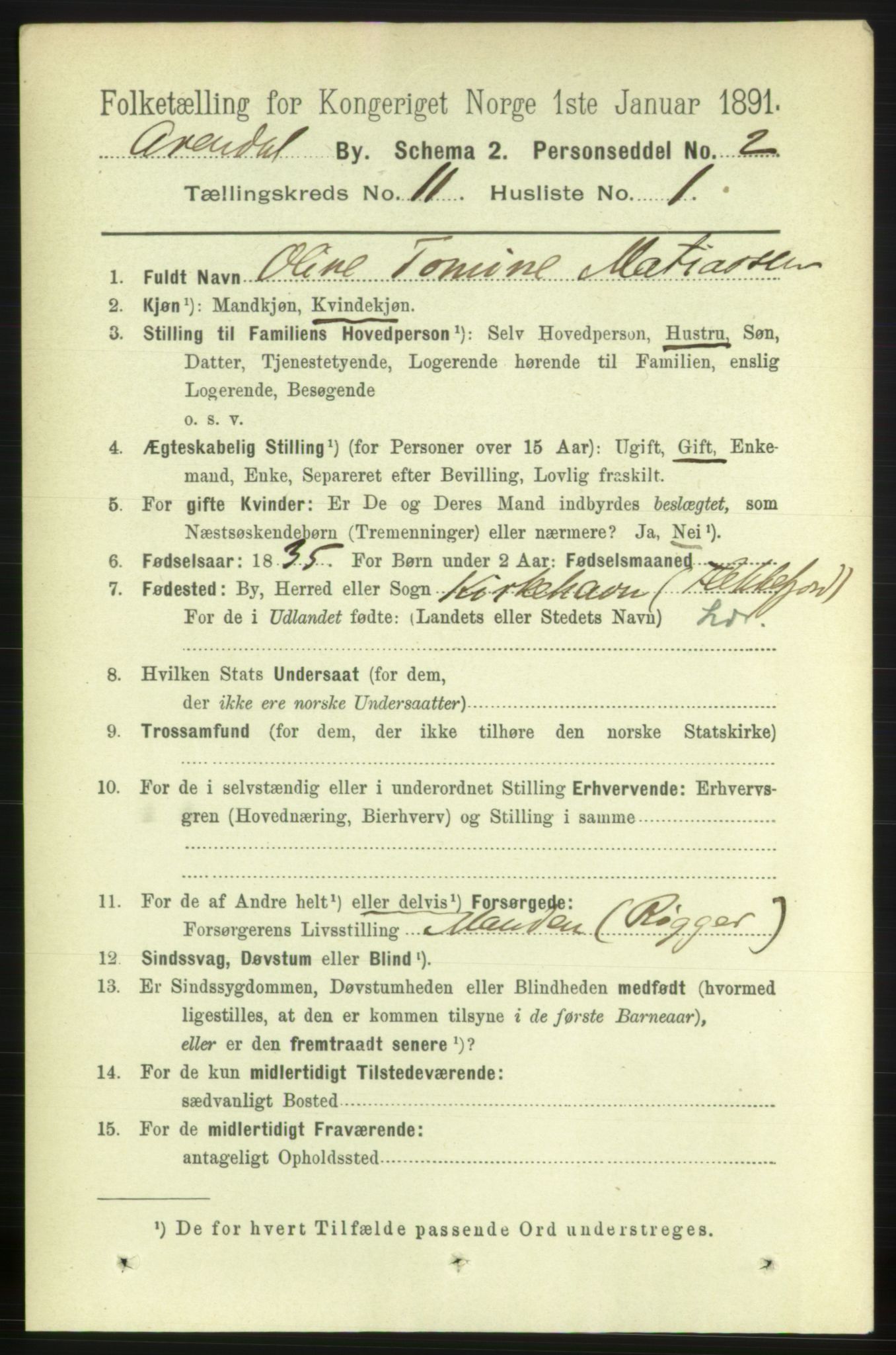 RA, 1891 census for 0903 Arendal, 1891, p. 3850