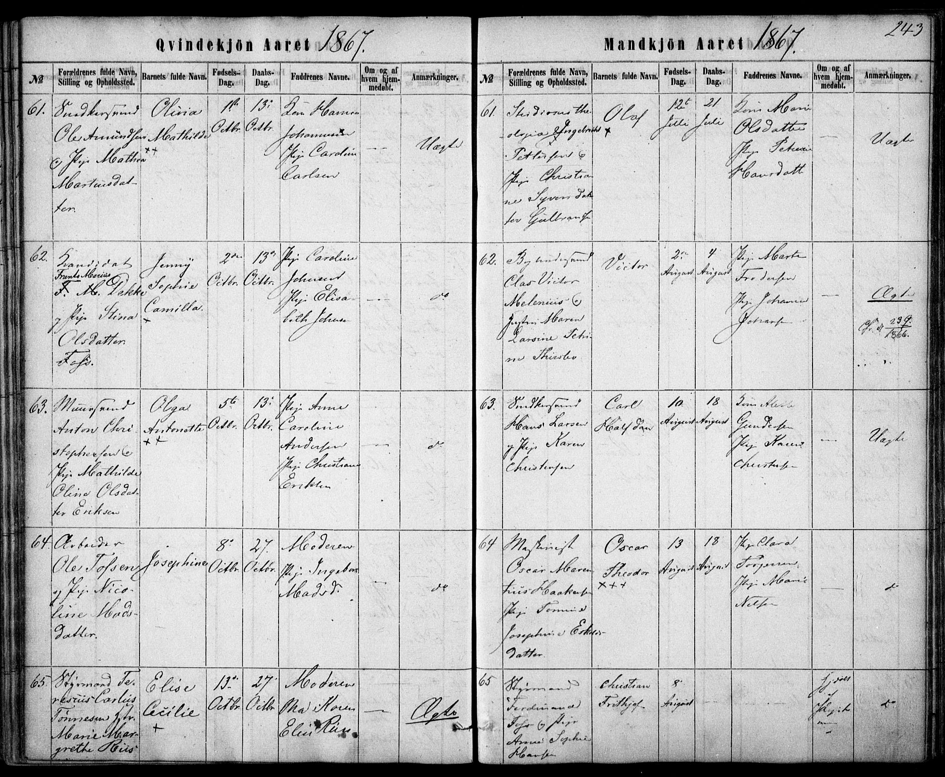Rikshospitalet prestekontor Kirkebøker, SAO/A-10309b/F/L0004: Parish register (official) no. 4, 1853-1870, p. 243