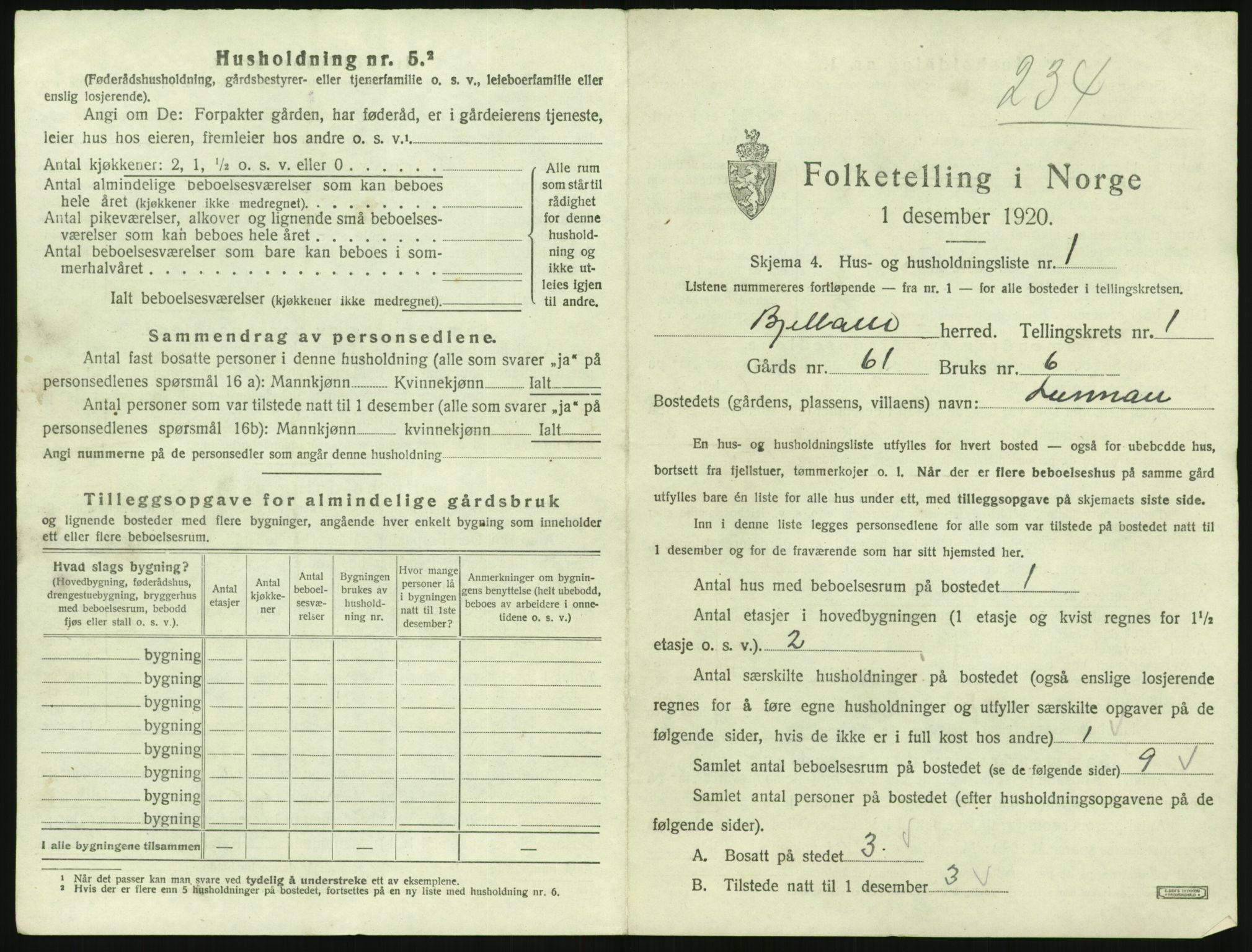 SAK, 1920 census for Bjelland, 1920, p. 39