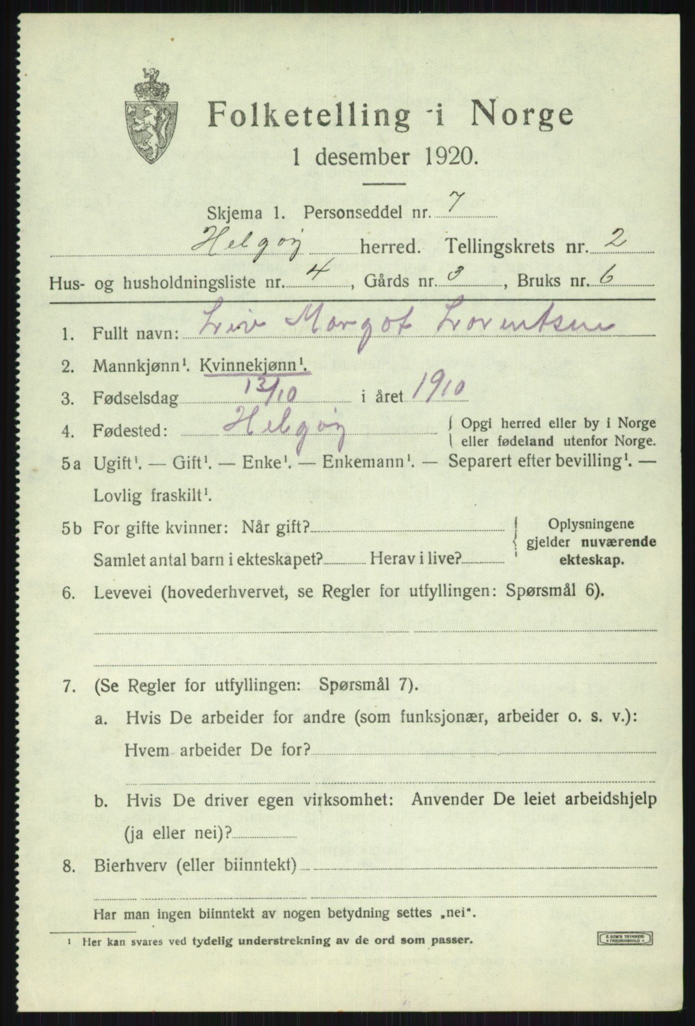 SATØ, 1920 census for Helgøy, 1920, p. 1189