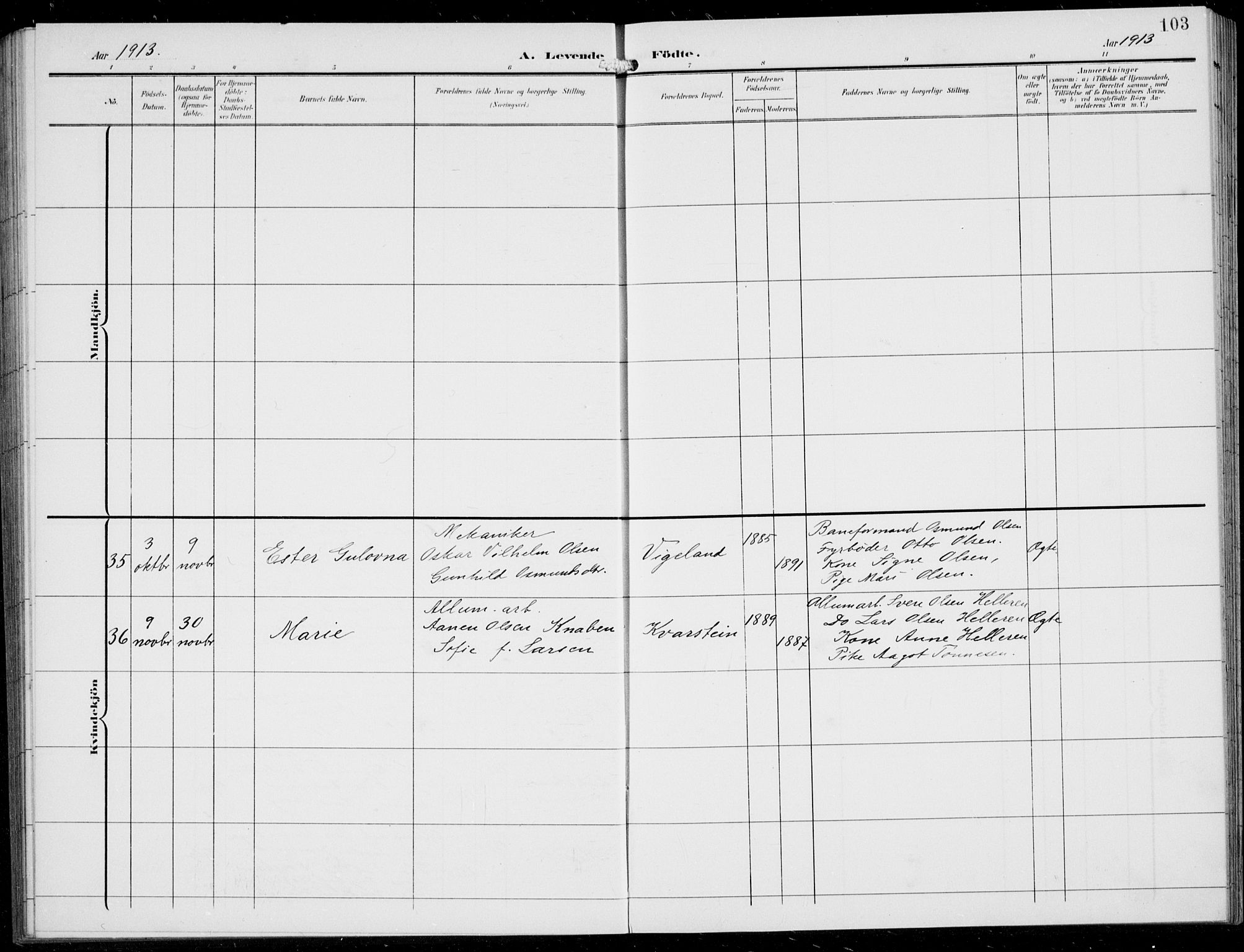 Vennesla sokneprestkontor, AV/SAK-1111-0045/Fb/Fbb/L0005: Parish register (copy) no. B 5, 1903-1913, p. 103