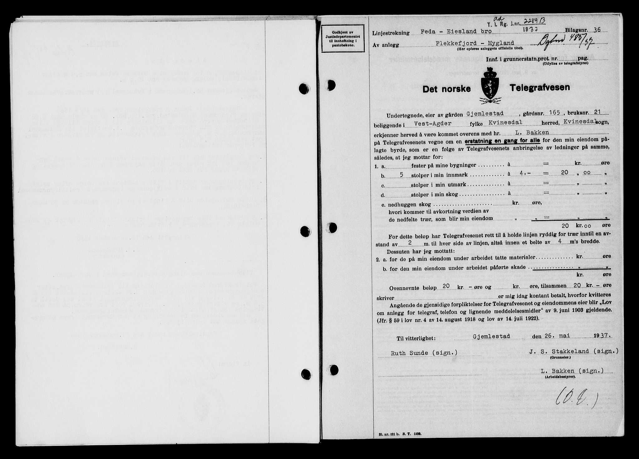 Flekkefjord sorenskriveri, AV/SAK-1221-0001/G/Gb/Gba/L0053: Mortgage book no. A-1, 1936-1937, Diary no: : 485/1937