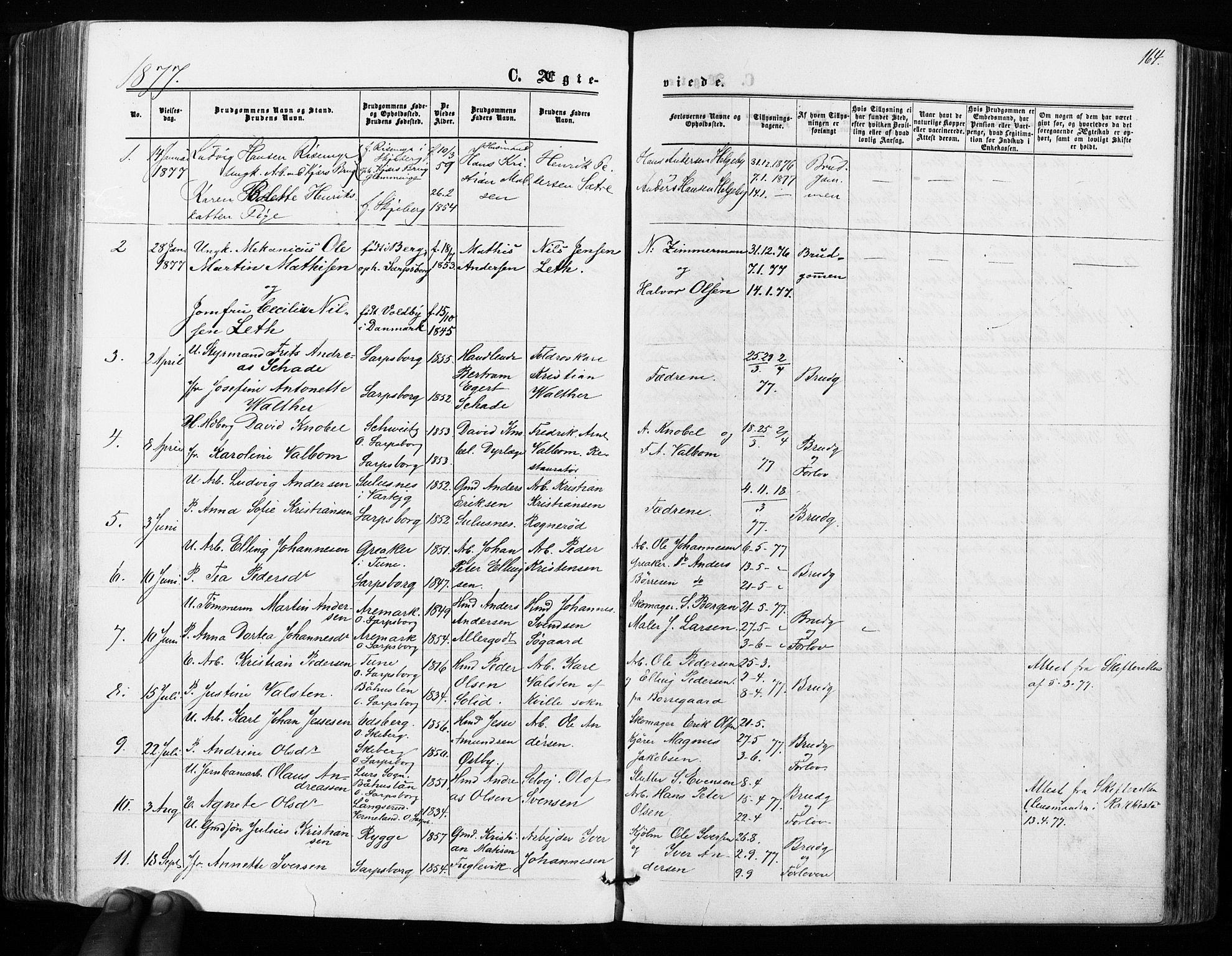 Sarpsborg prestekontor Kirkebøker, SAO/A-2006/F/Fa/L0002: Parish register (official) no. 2, 1869-1877, p. 164