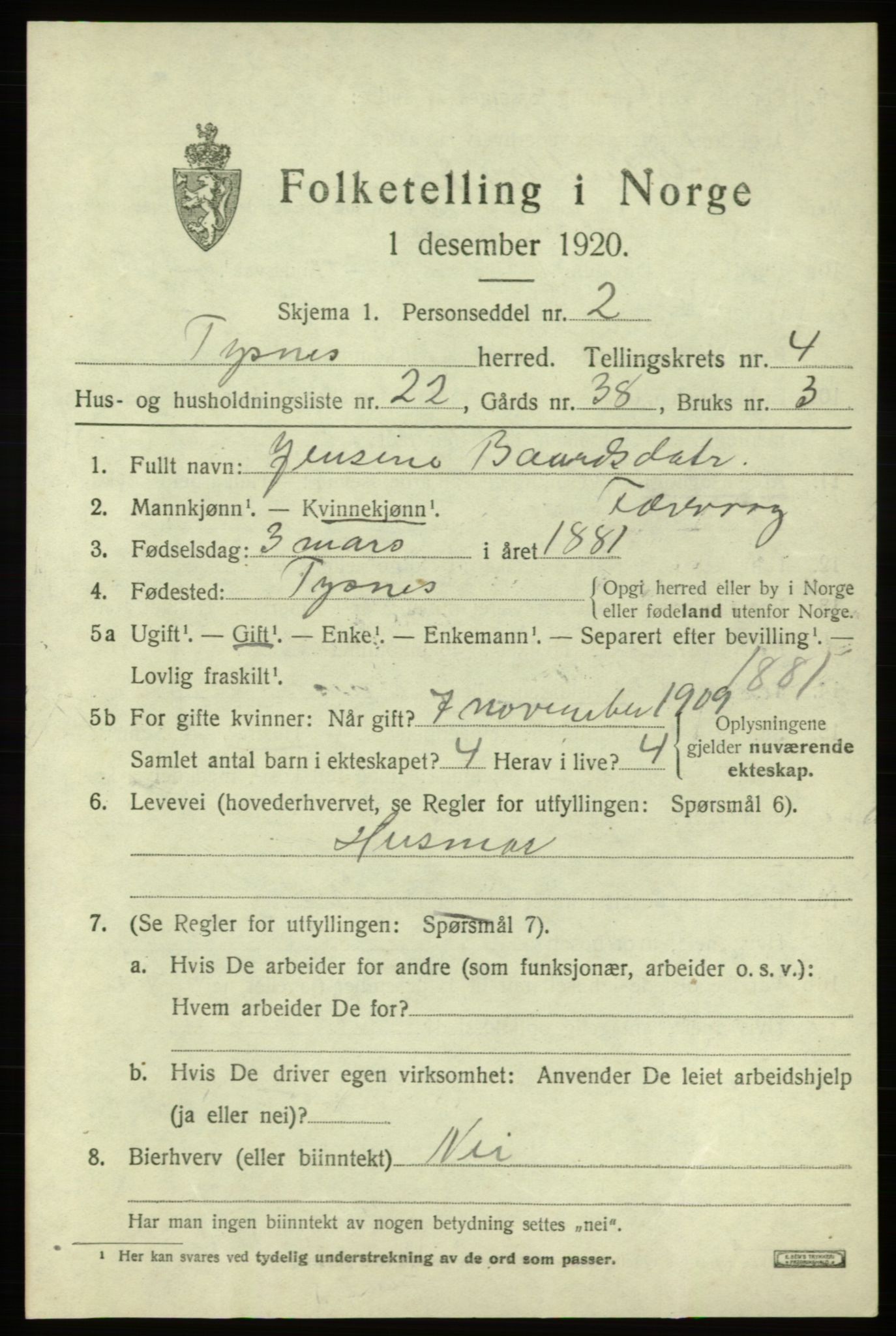 SAB, 1920 census for Tysnes, 1920, p. 3440