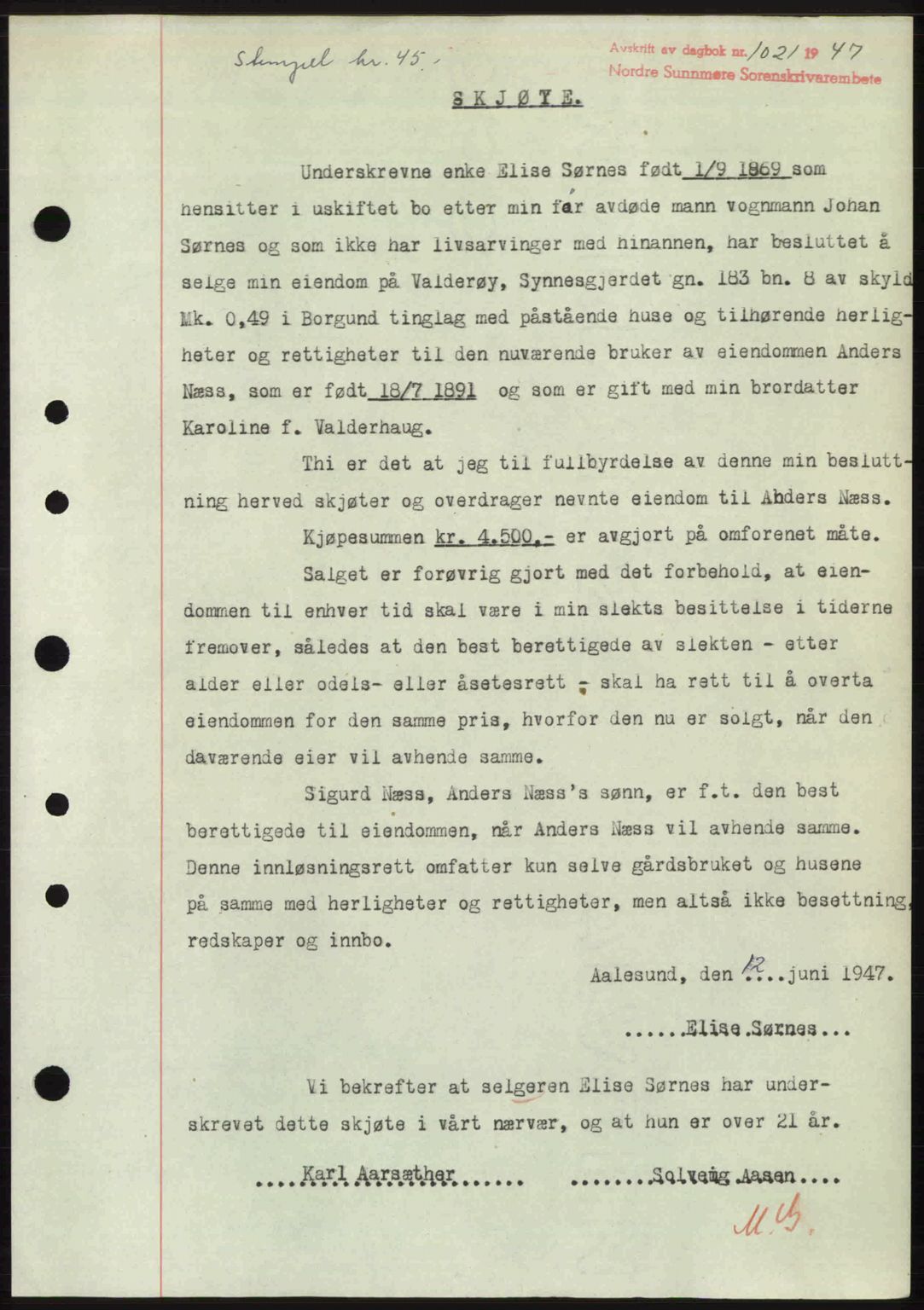 Nordre Sunnmøre sorenskriveri, AV/SAT-A-0006/1/2/2C/2Ca: Mortgage book no. A24, 1947-1947, Diary no: : 1021/1947