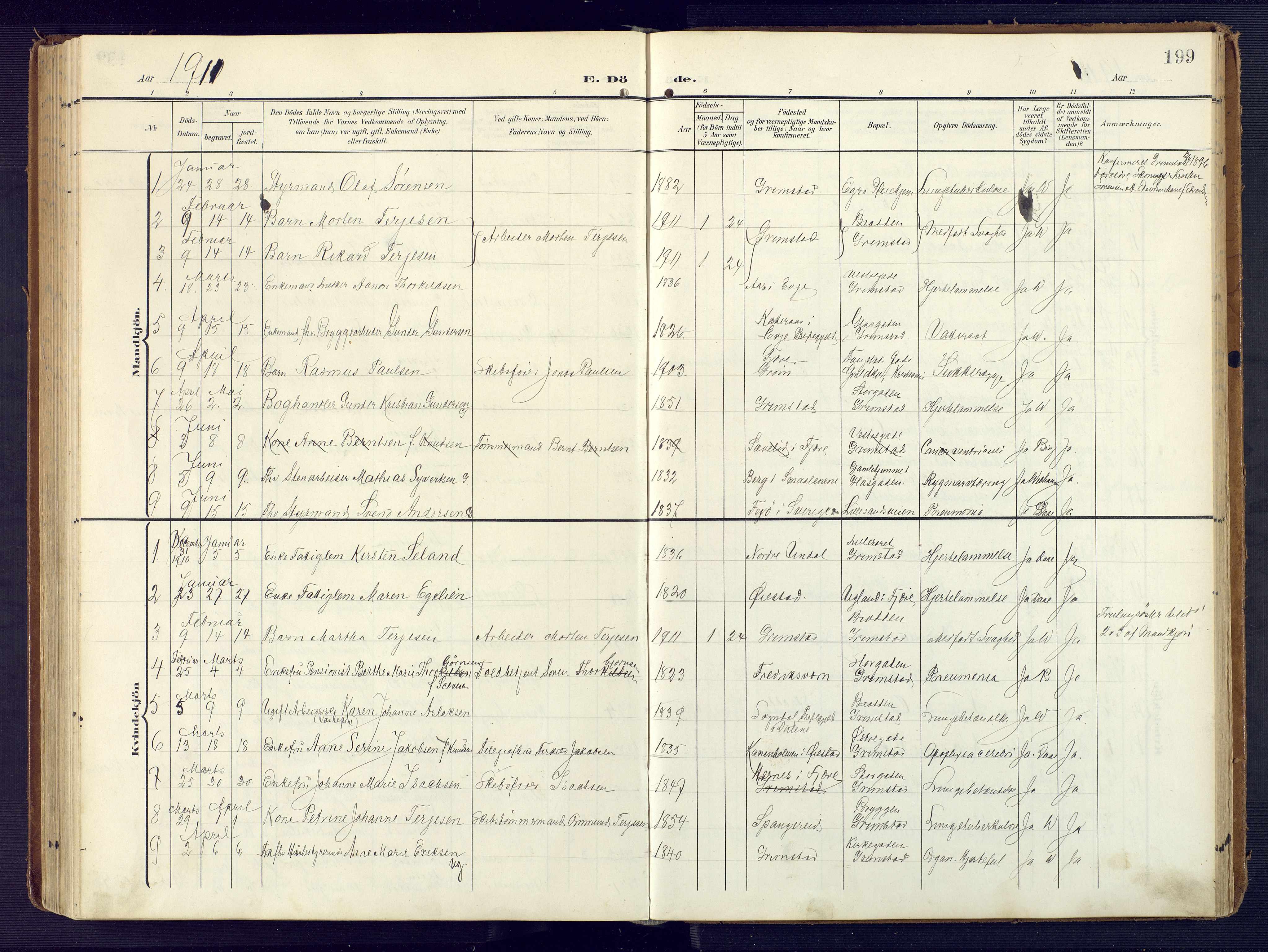 Grimstad sokneprestkontor, AV/SAK-1111-0017/F/Fa/L0005: Parish register (official) no. A 4, 1911-1924, p. 199