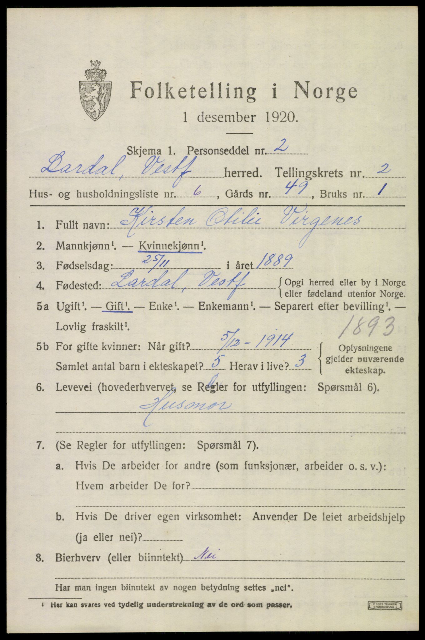 SAKO, 1920 census for Lardal, 1920, p. 2009
