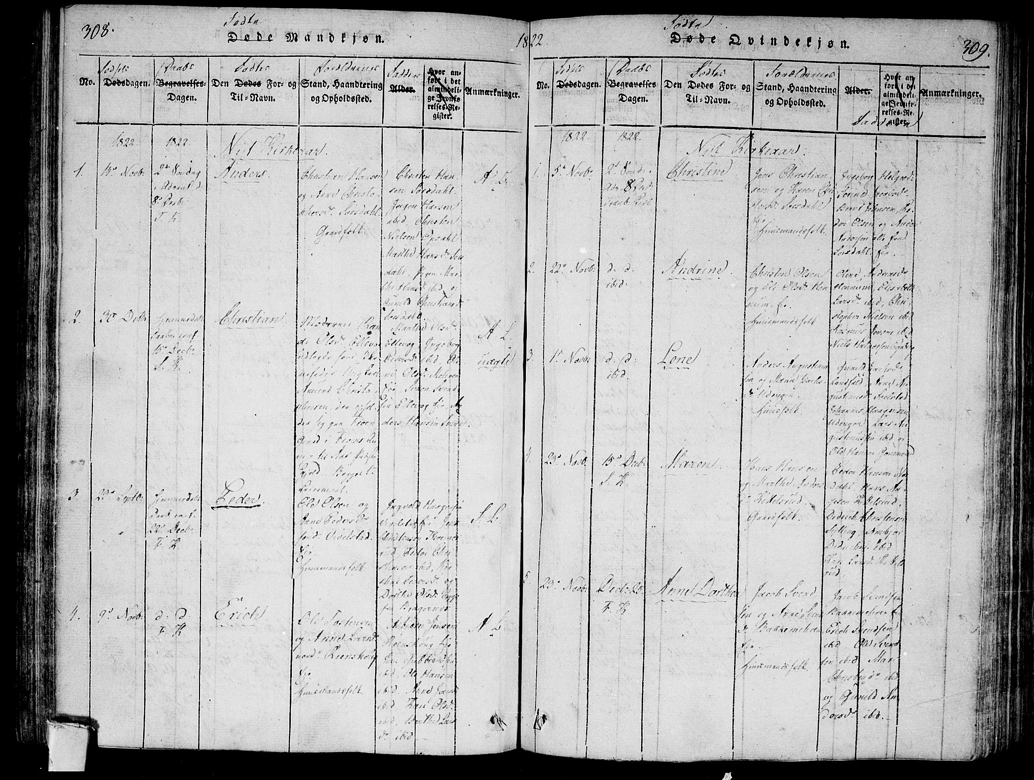 Lier kirkebøker, SAKO/A-230/F/Fa/L0008: Parish register (official) no. I 8, 1813-1825, p. 308-309
