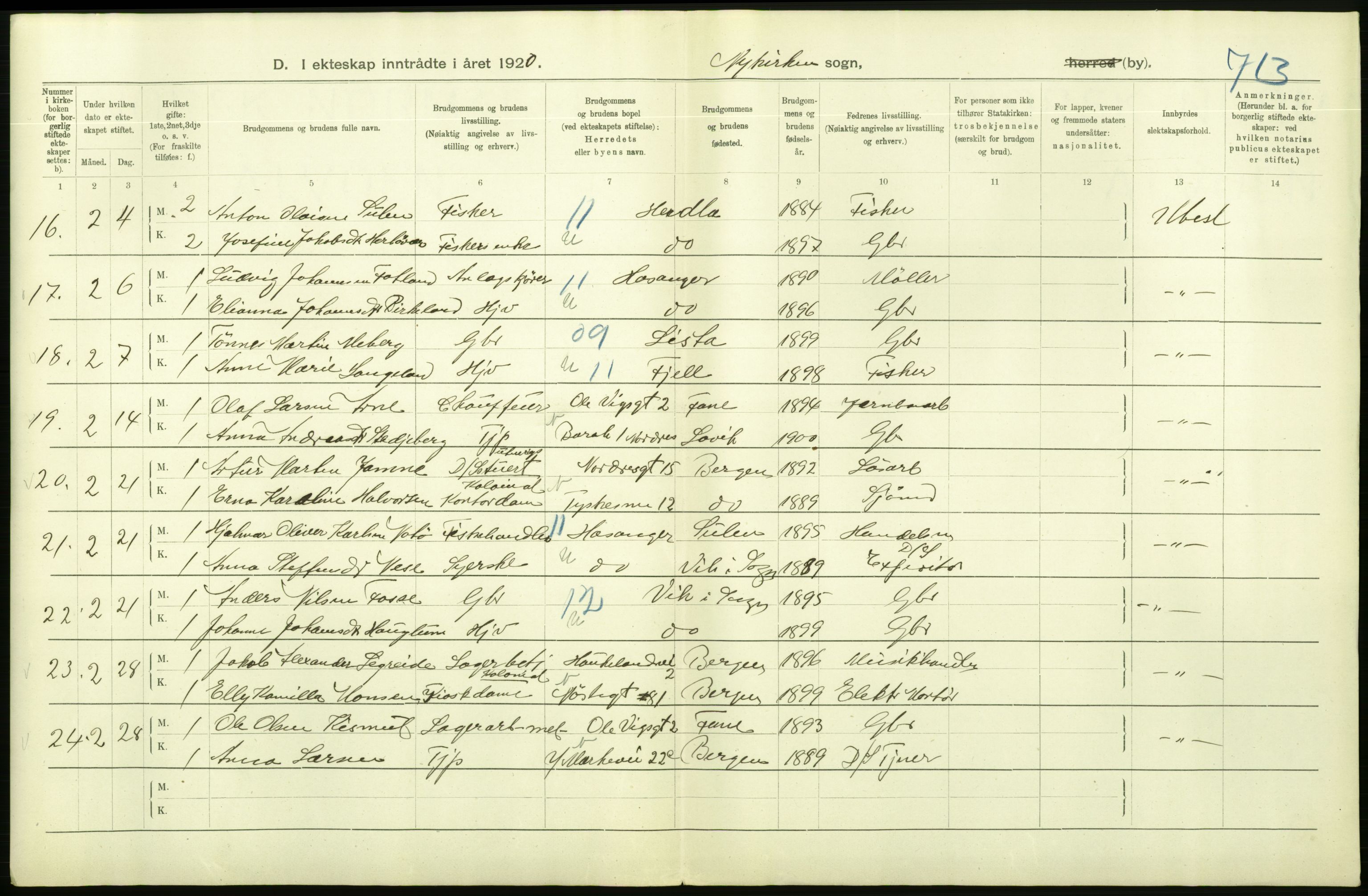 Statistisk sentralbyrå, Sosiodemografiske emner, Befolkning, AV/RA-S-2228/D/Df/Dfb/Dfbj/L0042: Bergen: Gifte, døde, dødfødte., 1920, p. 150