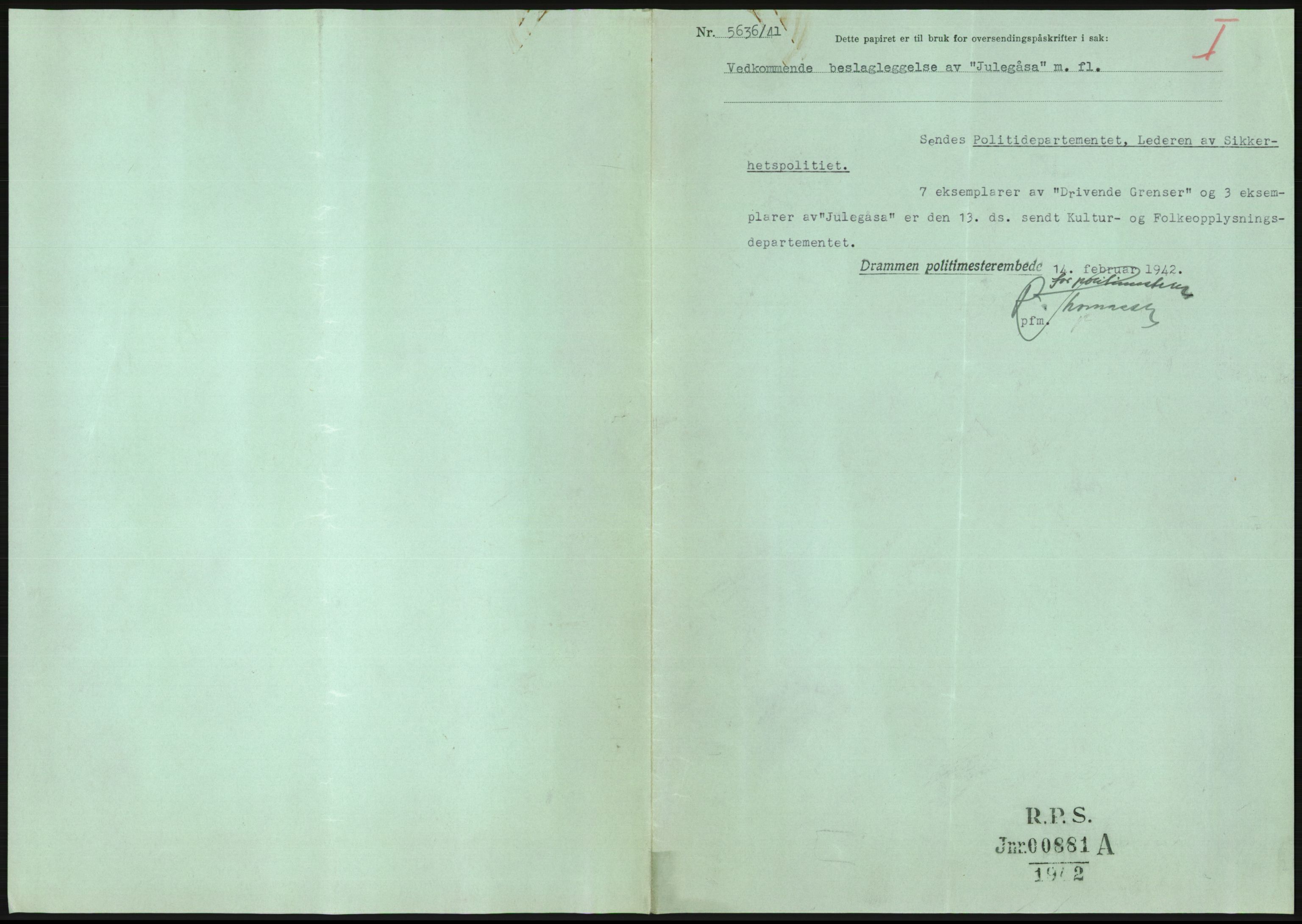 Statspolitiet - Hovedkontoret / Osloavdelingen, AV/RA-S-1329/F/L0091: Beslaglagt litteratur, 1941-1943, p. 39