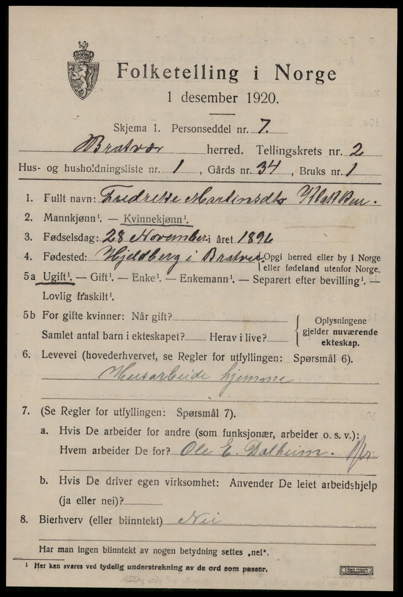 SAT, 1920 census for Brattvær, 1920, p. 796