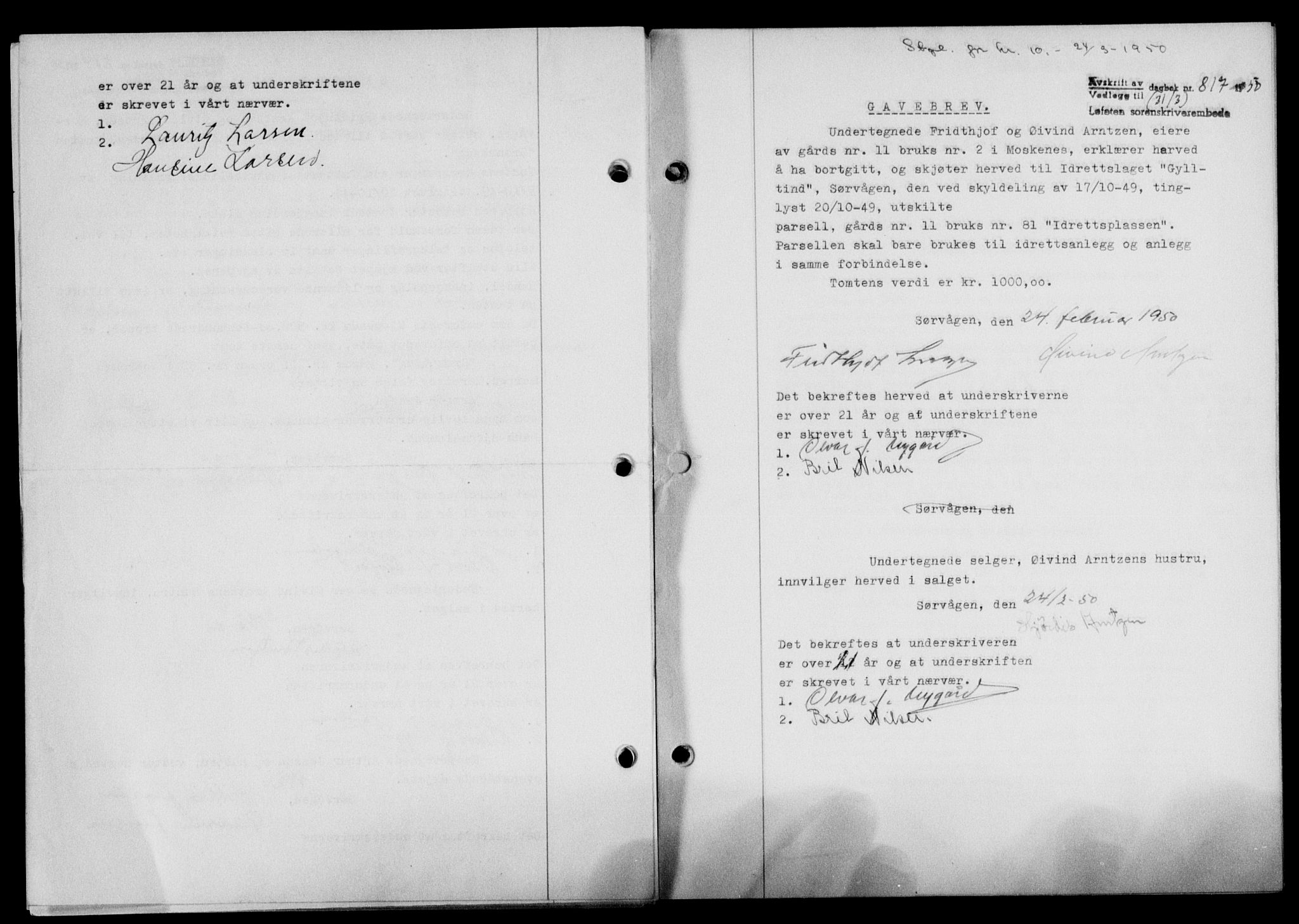 Lofoten sorenskriveri, SAT/A-0017/1/2/2C/L0023a: Mortgage book no. 23a, 1950-1950, Diary no: : 817/1950