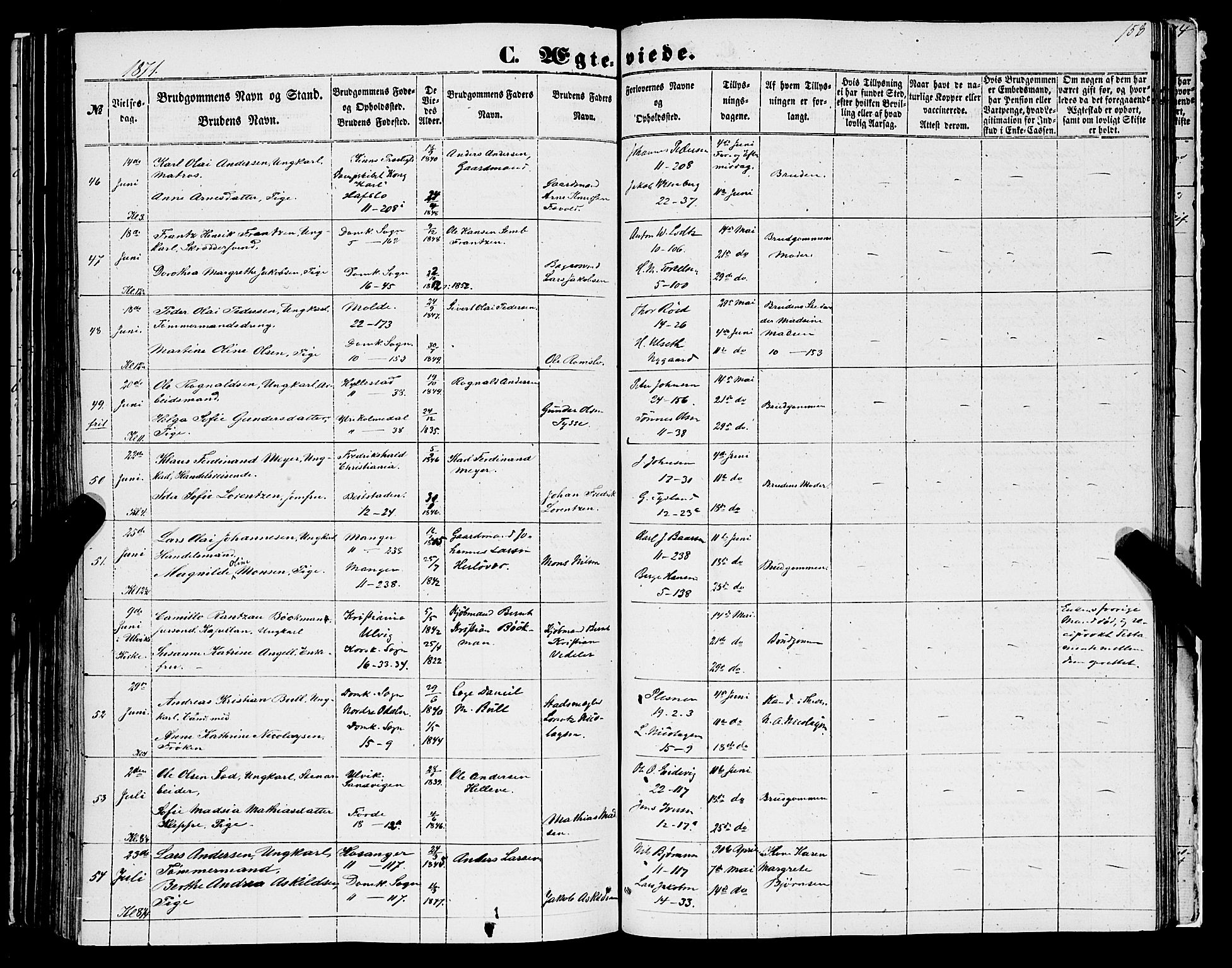 Domkirken sokneprestembete, SAB/A-74801/H/Haa/L0034: Parish register (official) no. D 2, 1853-1874, p. 158