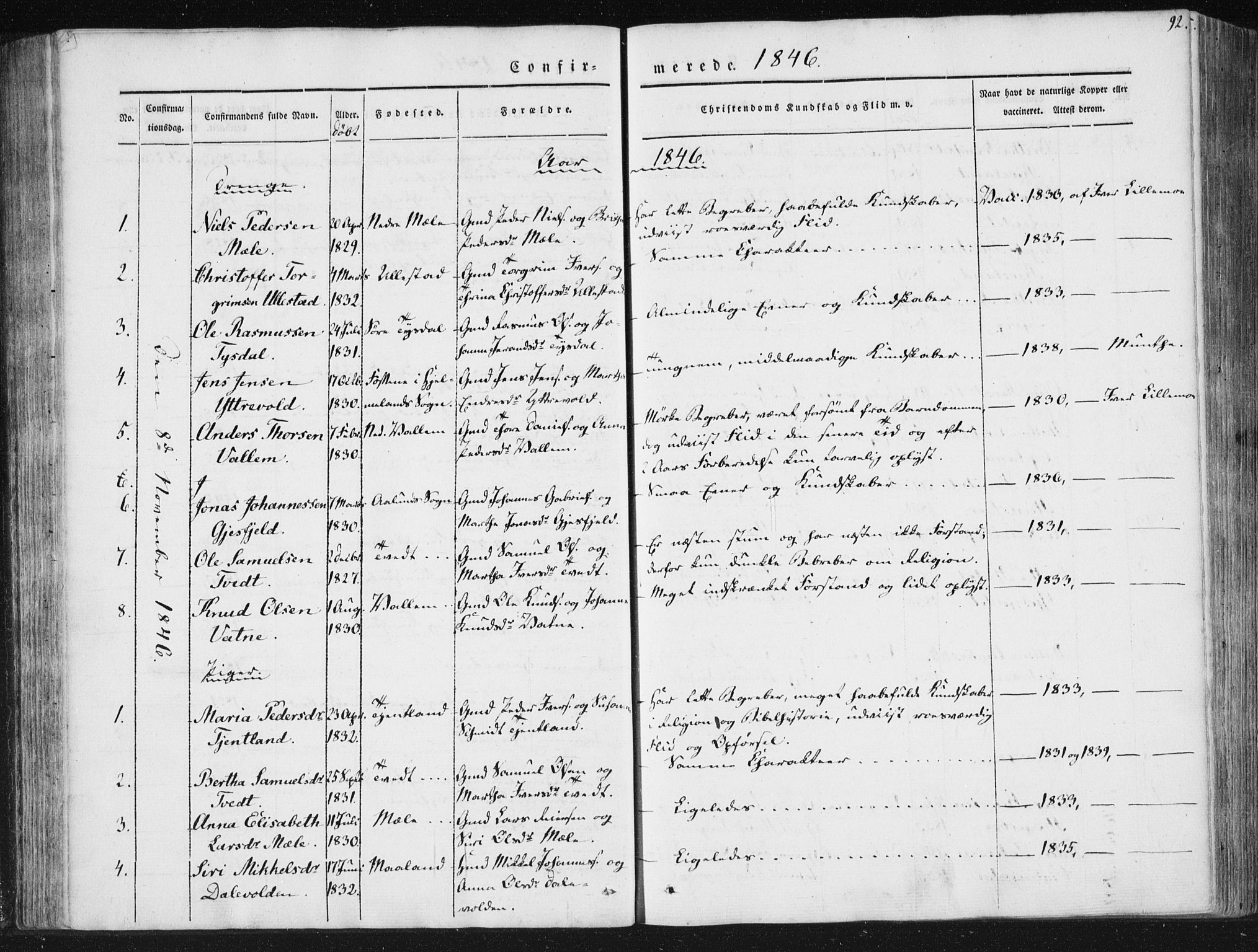 Hjelmeland sokneprestkontor, AV/SAST-A-101843/01/IV/L0008: Parish register (official) no. A 8, 1842-1861, p. 92