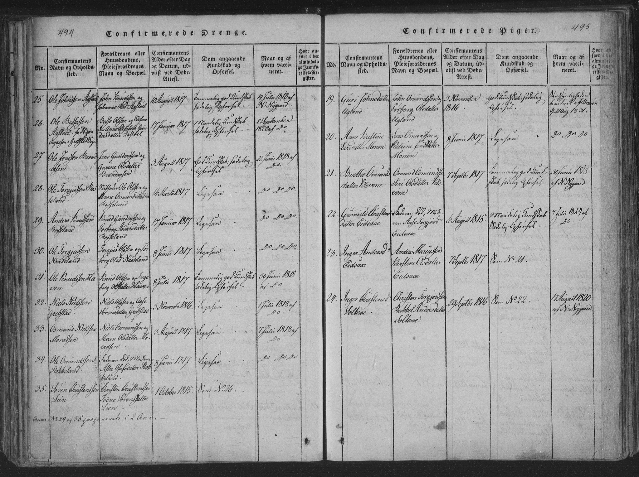Søgne sokneprestkontor, SAK/1111-0037/F/Fa/Fab/L0008: Parish register (official) no. A 8, 1821-1838, p. 494-495