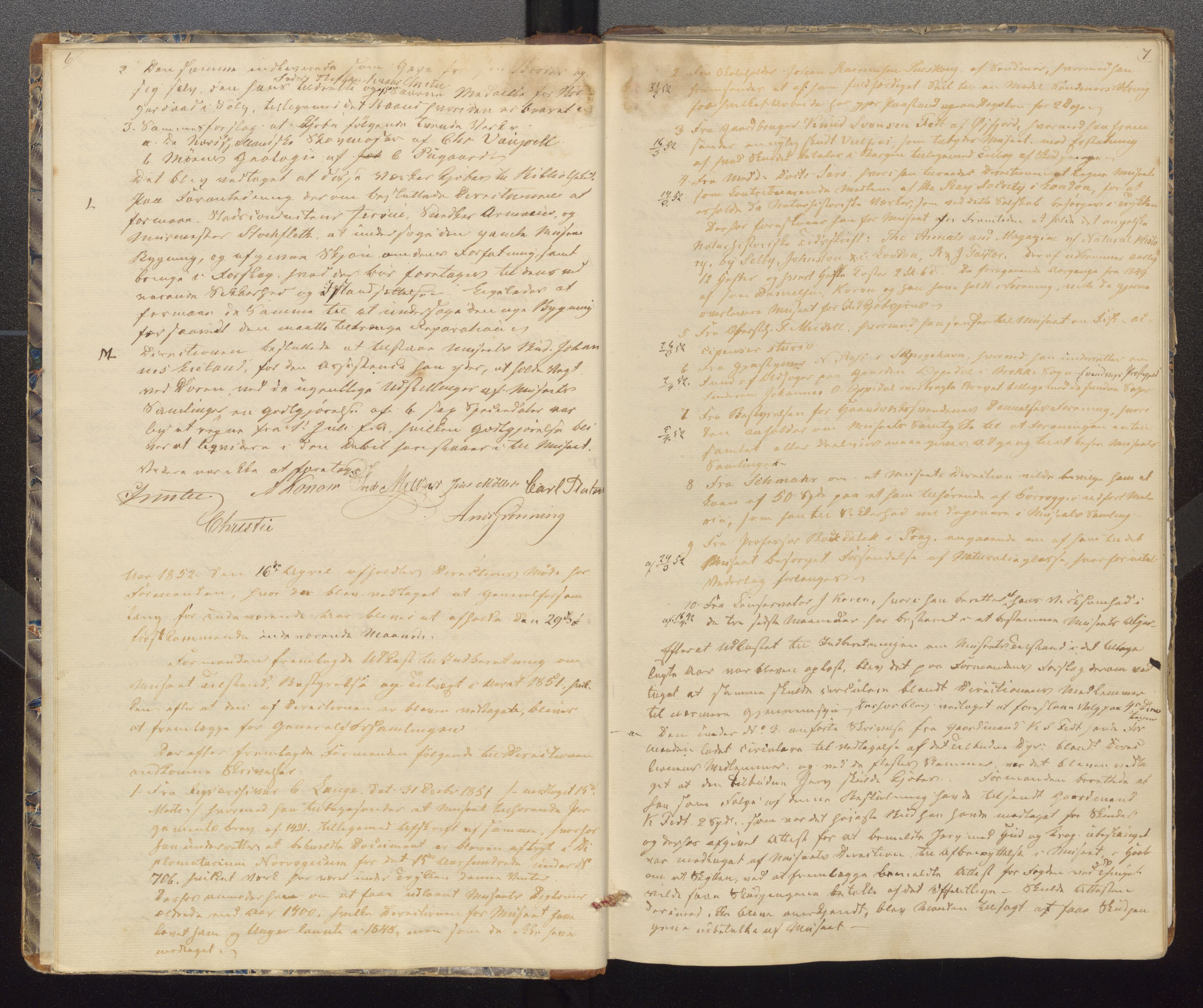 Bergens Museum, UMB/A007/A/Aa/L0006: Forhandlingsprotokoll , 1851-1872, p. 6,7
