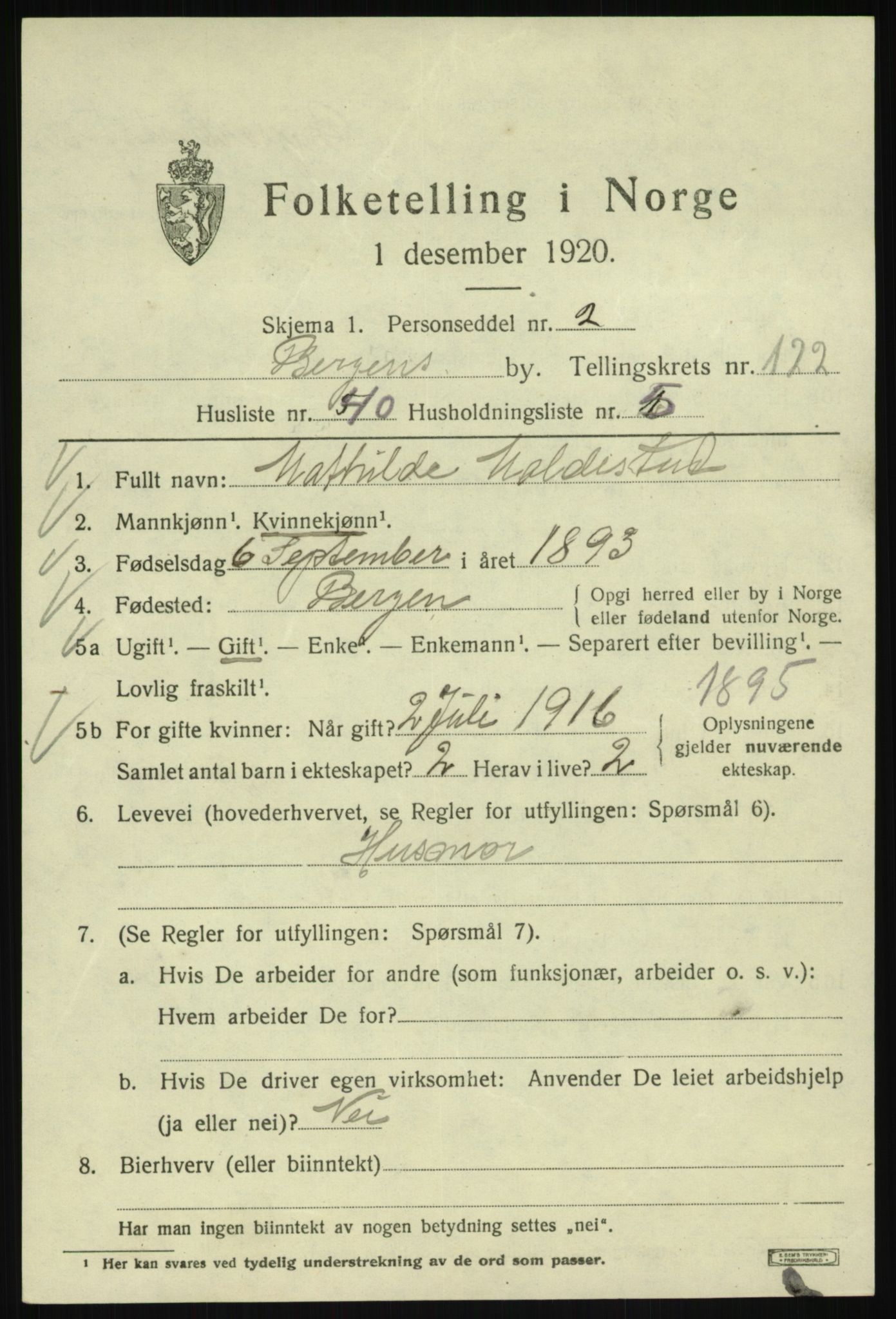 SAB, 1920 census for Bergen, 1920, p. 206516