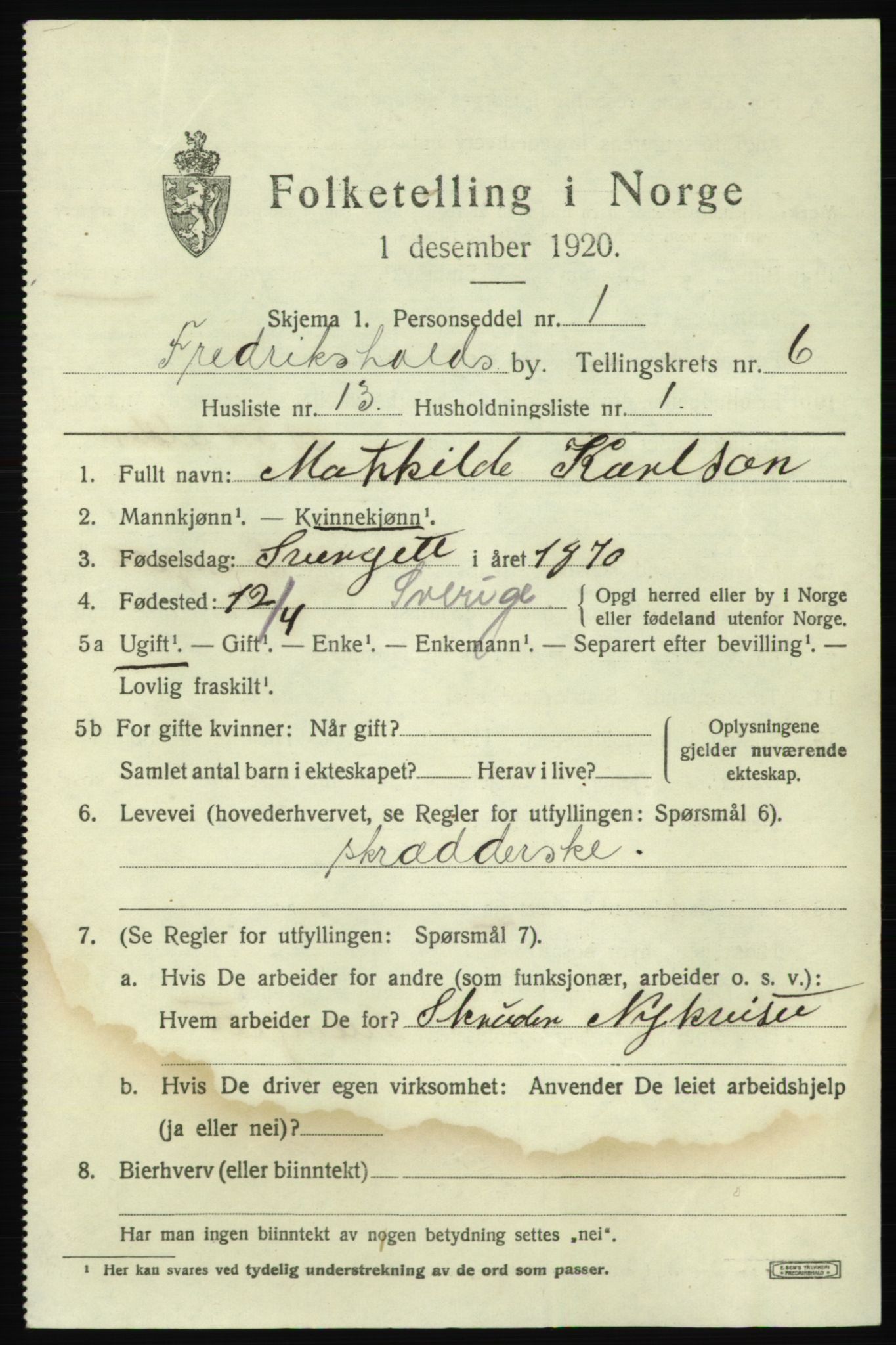 SAO, 1920 census for Fredrikshald, 1920, p. 13250