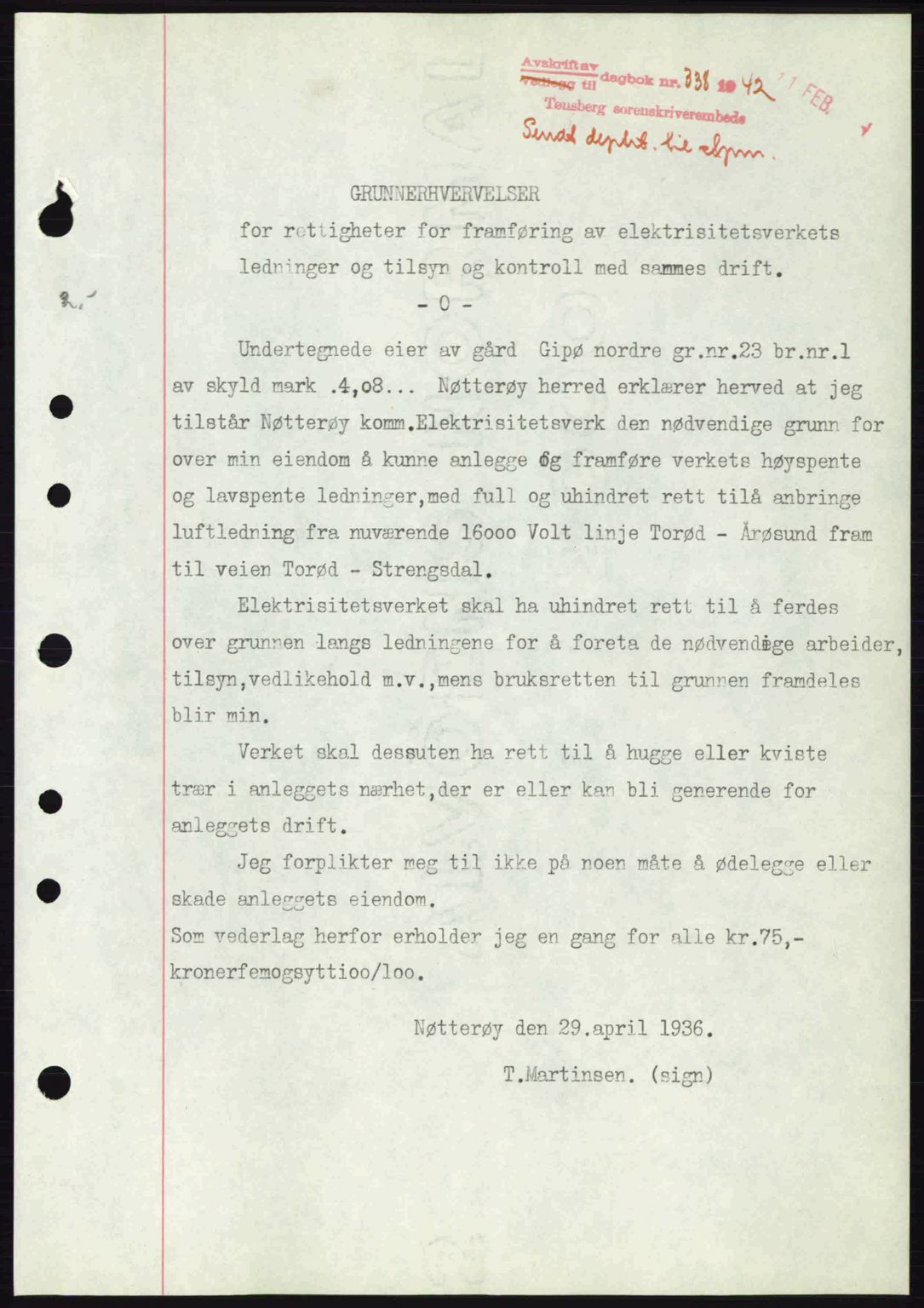 Tønsberg sorenskriveri, AV/SAKO-A-130/G/Ga/Gaa/L0011: Mortgage book no. A11, 1941-1942, Diary no: : 338/1942