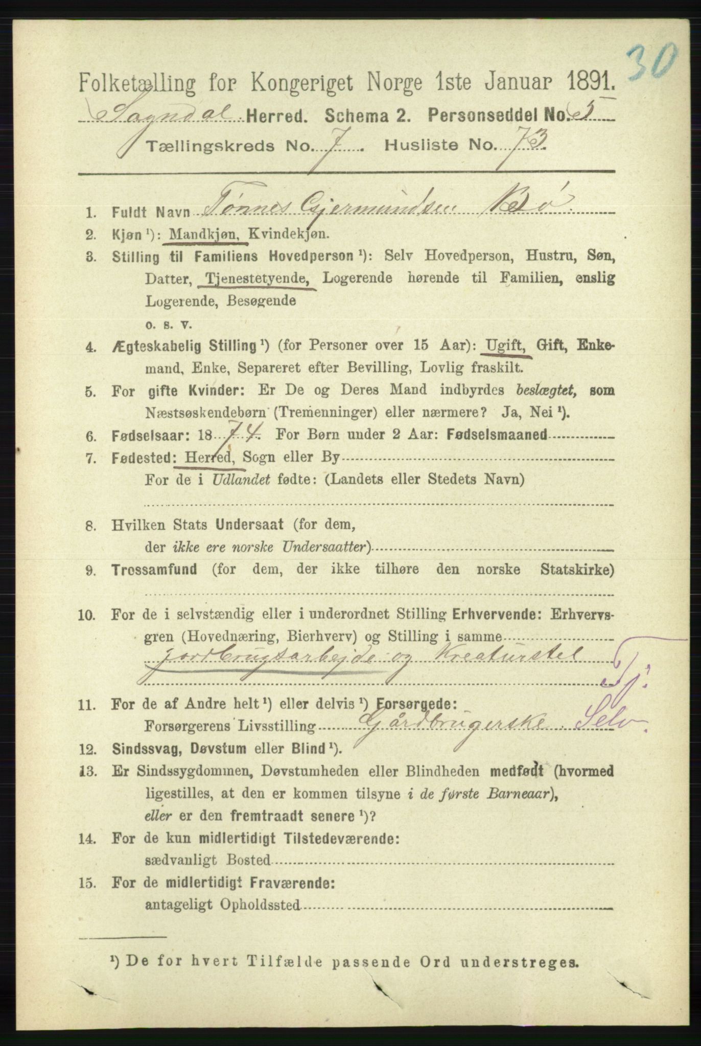 RA, 1891 census for 1111 Sokndal, 1891, p. 2583