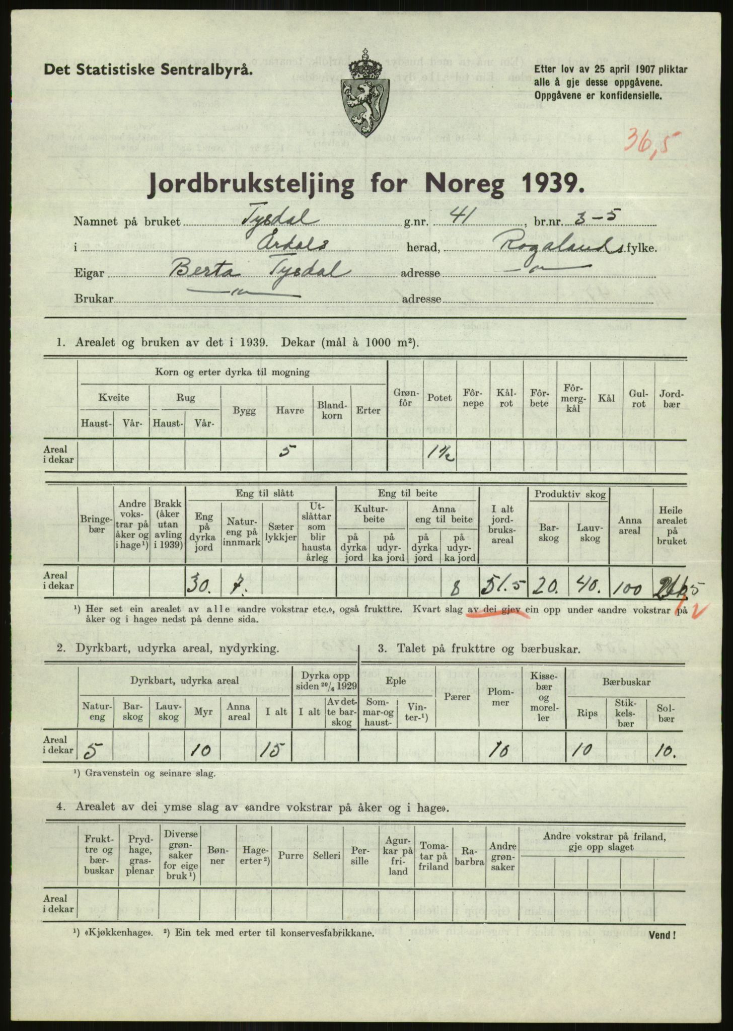 Statistisk sentralbyrå, Næringsøkonomiske emner, Jordbruk, skogbruk, jakt, fiske og fangst, AV/RA-S-2234/G/Gb/L0184: Rogaland: Årdal, Fister og Hjelmeland, 1939, p. 691