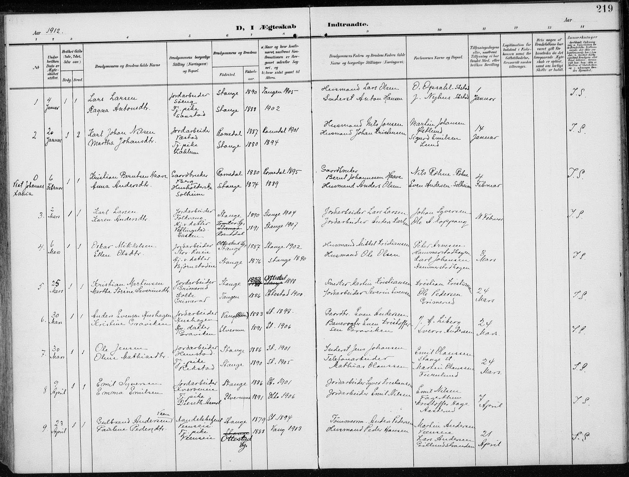Stange prestekontor, SAH/PREST-002/K/L0024: Parish register (official) no. 24, 1906-1922, p. 219