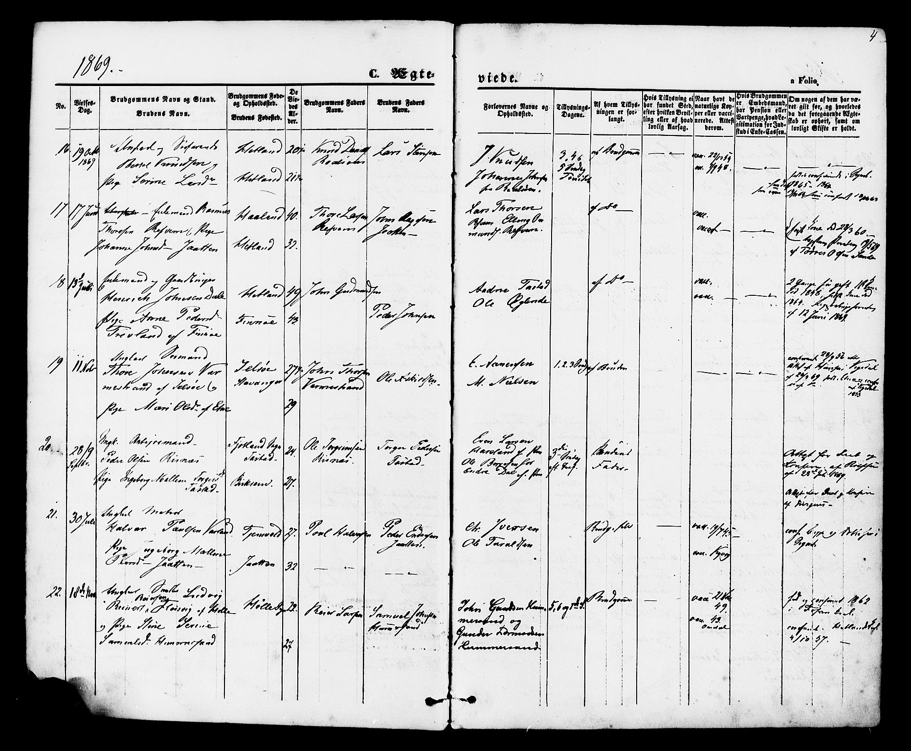 Hetland sokneprestkontor, AV/SAST-A-101826/30/30BA/L0005: Parish register (official) no. A 5, 1869-1884, p. 4