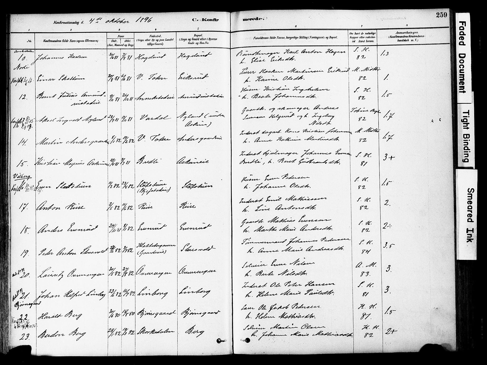 Østre Toten prestekontor, SAH/PREST-104/H/Ha/Haa/L0006: Parish register (official) no. 6 /1, 1878-1896, p. 259