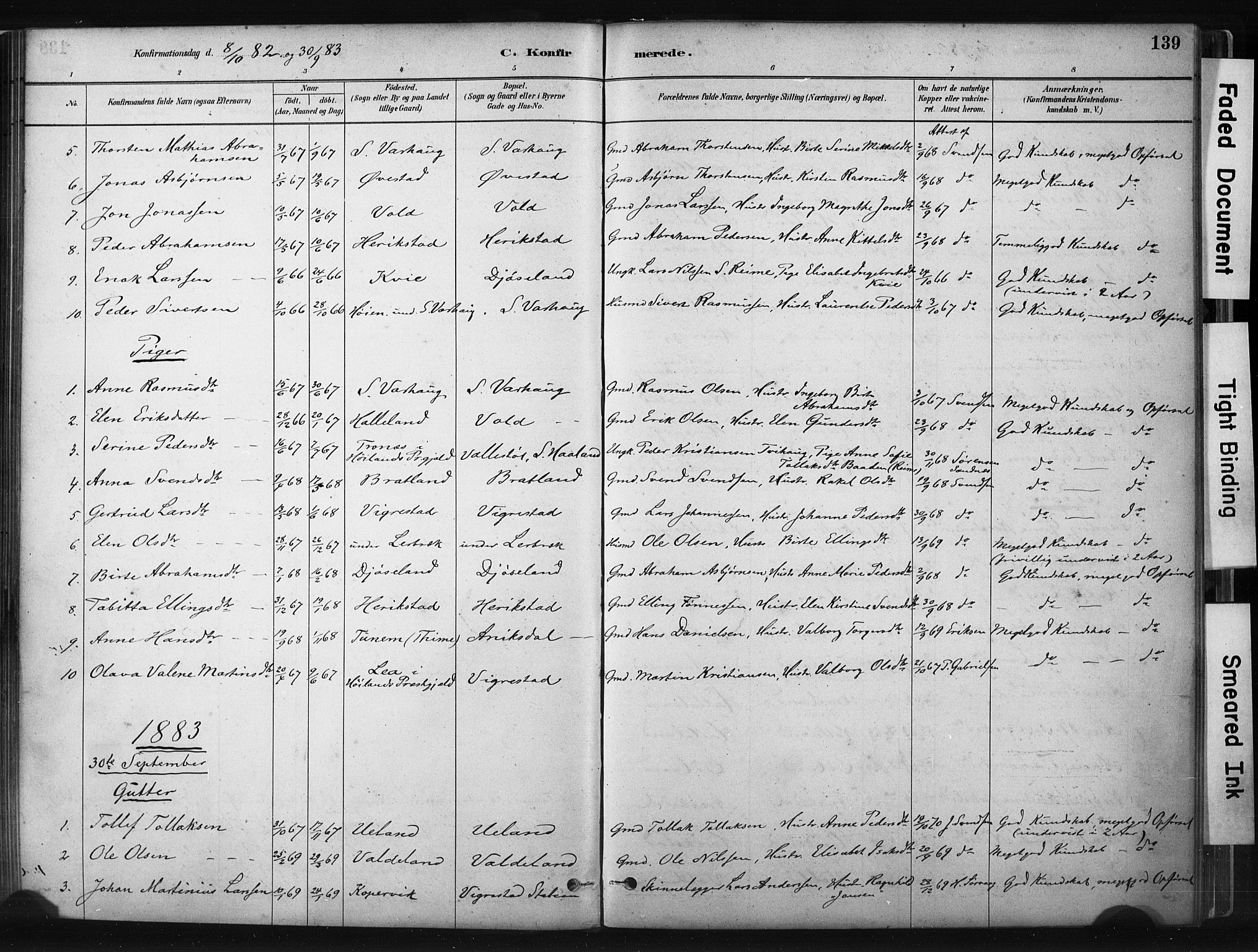 Hå sokneprestkontor, AV/SAST-A-101801/001/30BA/L0011: Parish register (official) no. A 10, 1879-1900, p. 139