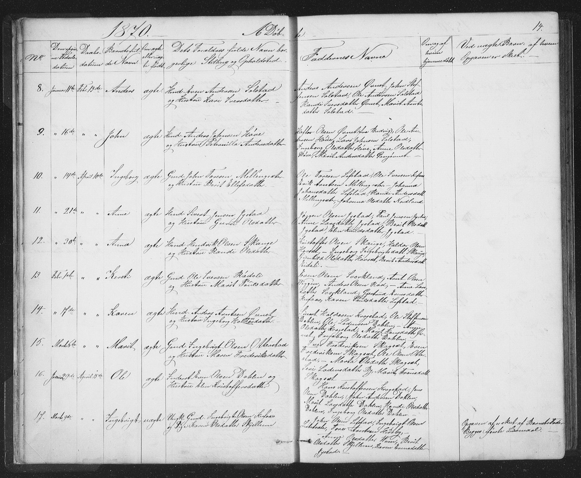 Ministerialprotokoller, klokkerbøker og fødselsregistre - Sør-Trøndelag, SAT/A-1456/667/L0798: Parish register (copy) no. 667C03, 1867-1929, p. 14
