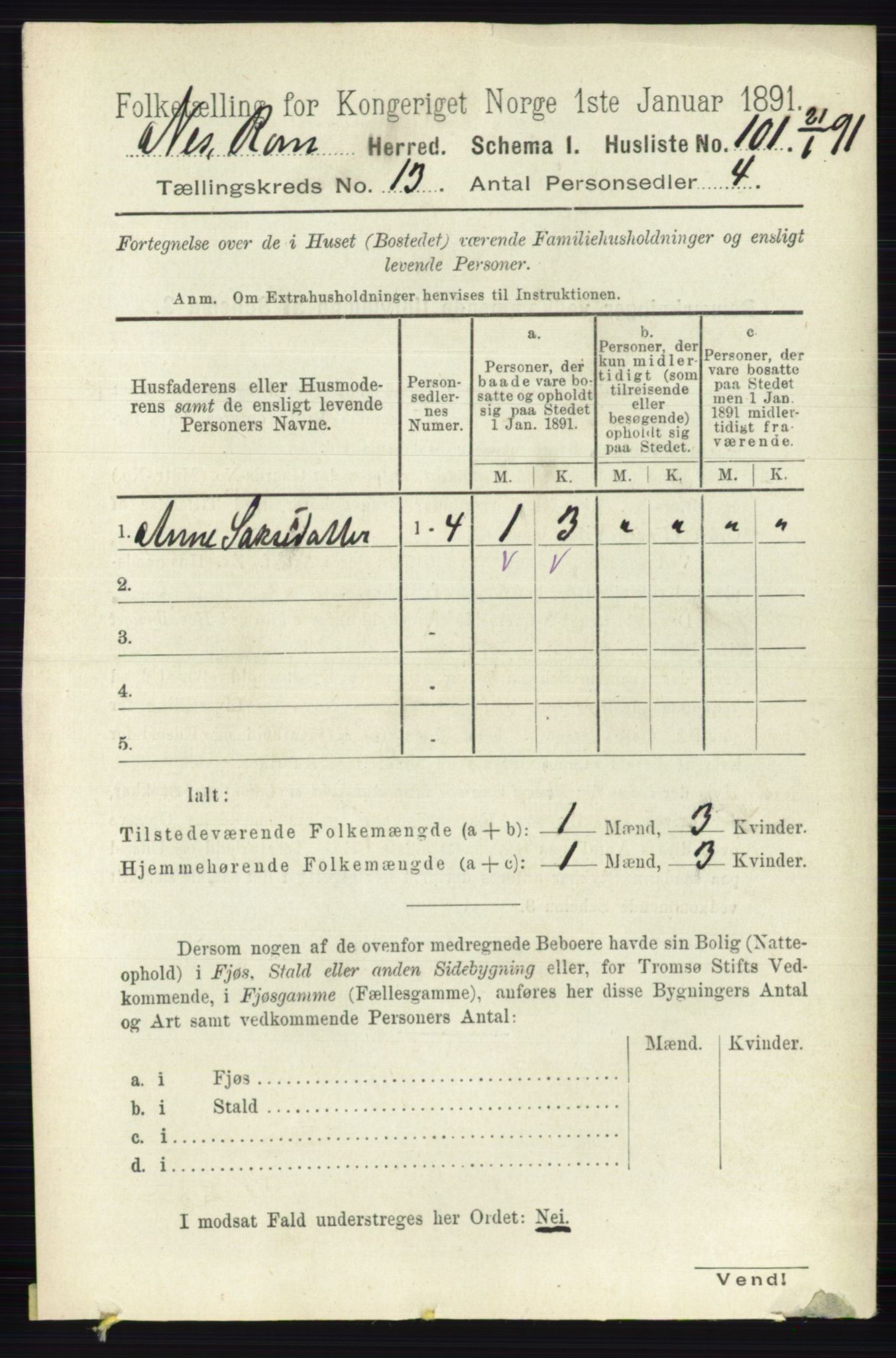 RA, 1891 census for 0236 Nes, 1891, p. 7835