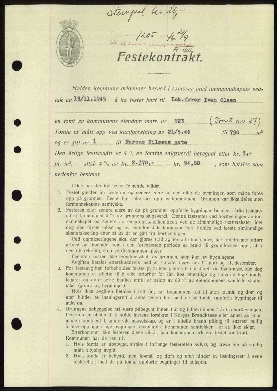 Idd og Marker sorenskriveri, AV/SAO-A-10283/G/Gb/Gbb/L0008: Mortgage book no. A8, 1946-1946, Diary no: : 1205/1946