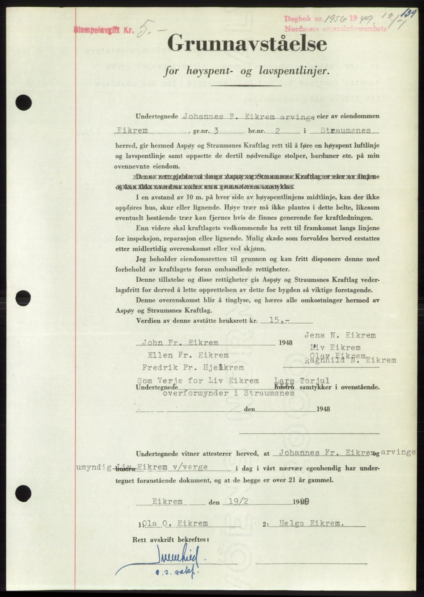 Nordmøre sorenskriveri, AV/SAT-A-4132/1/2/2Ca: Mortgage book no. B102, 1949-1949, Diary no: : 1956/1949