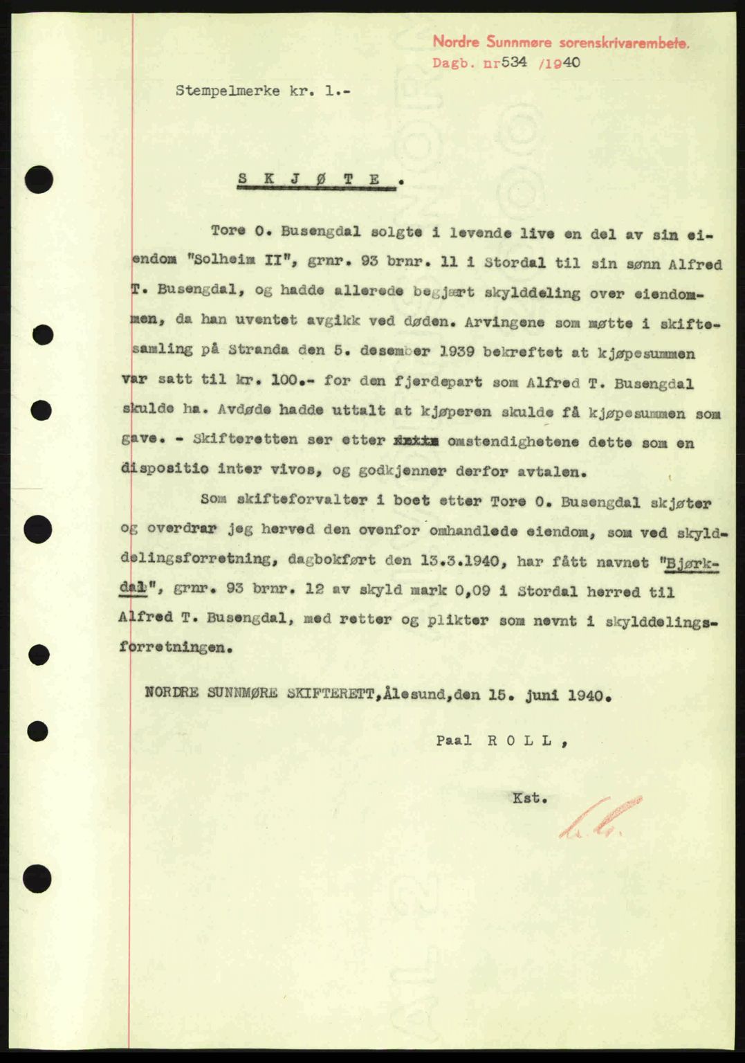 Nordre Sunnmøre sorenskriveri, AV/SAT-A-0006/1/2/2C/2Ca: Mortgage book no. A8, 1939-1940, Diary no: : 534/1940