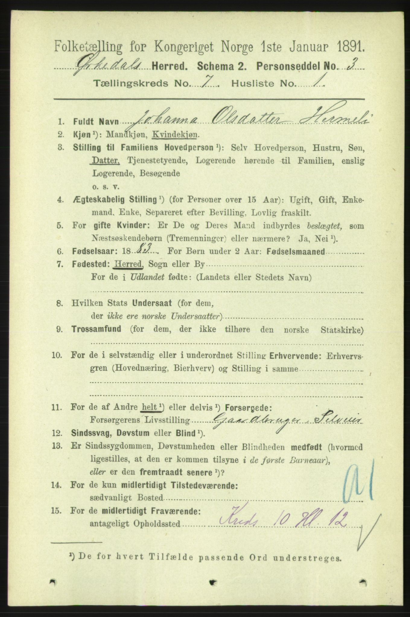 RA, 1891 census for 1638 Orkdal, 1891, p. 3437