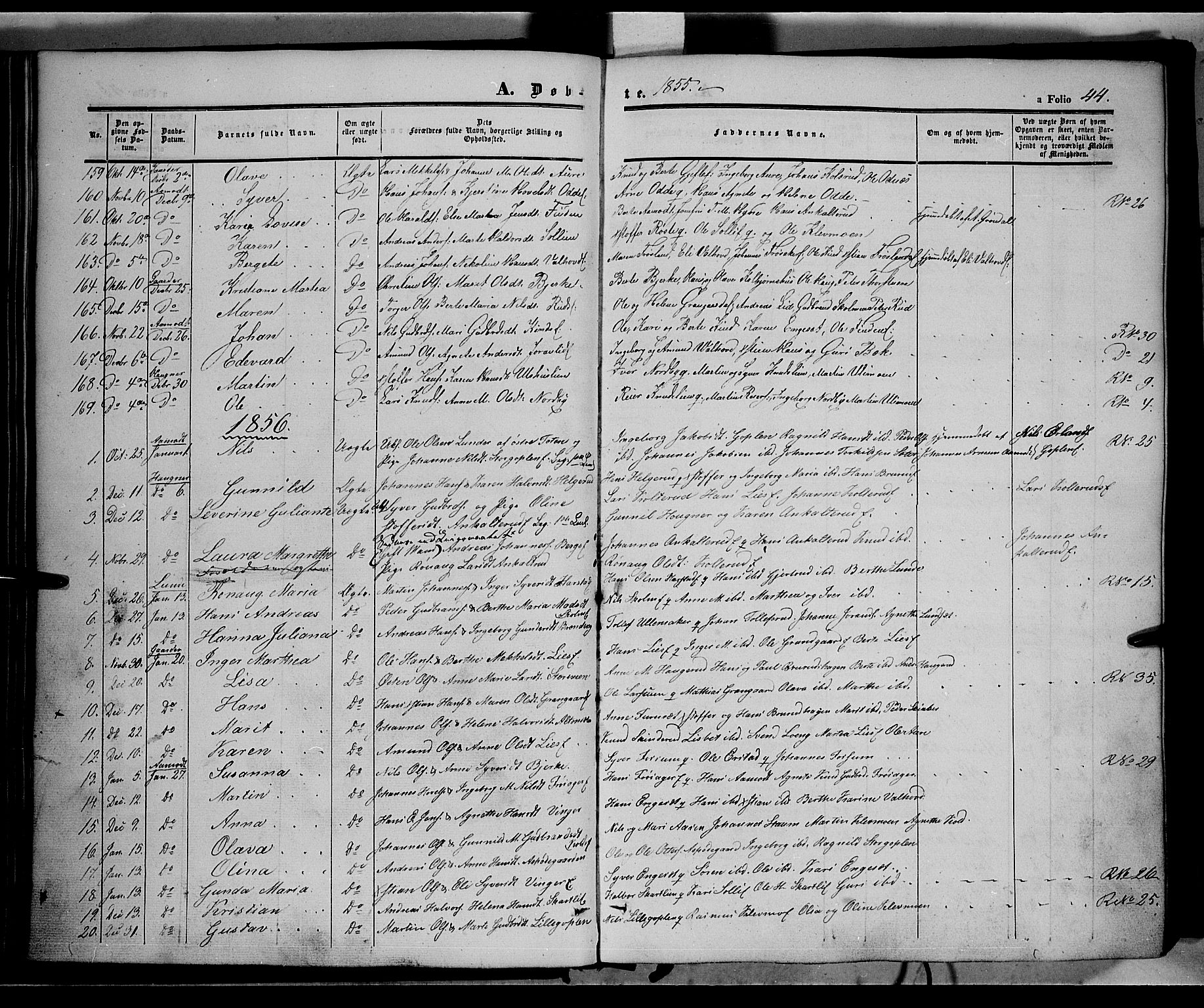 Land prestekontor, SAH/PREST-120/H/Ha/Haa/L0010: Parish register (official) no. 10, 1847-1859, p. 44