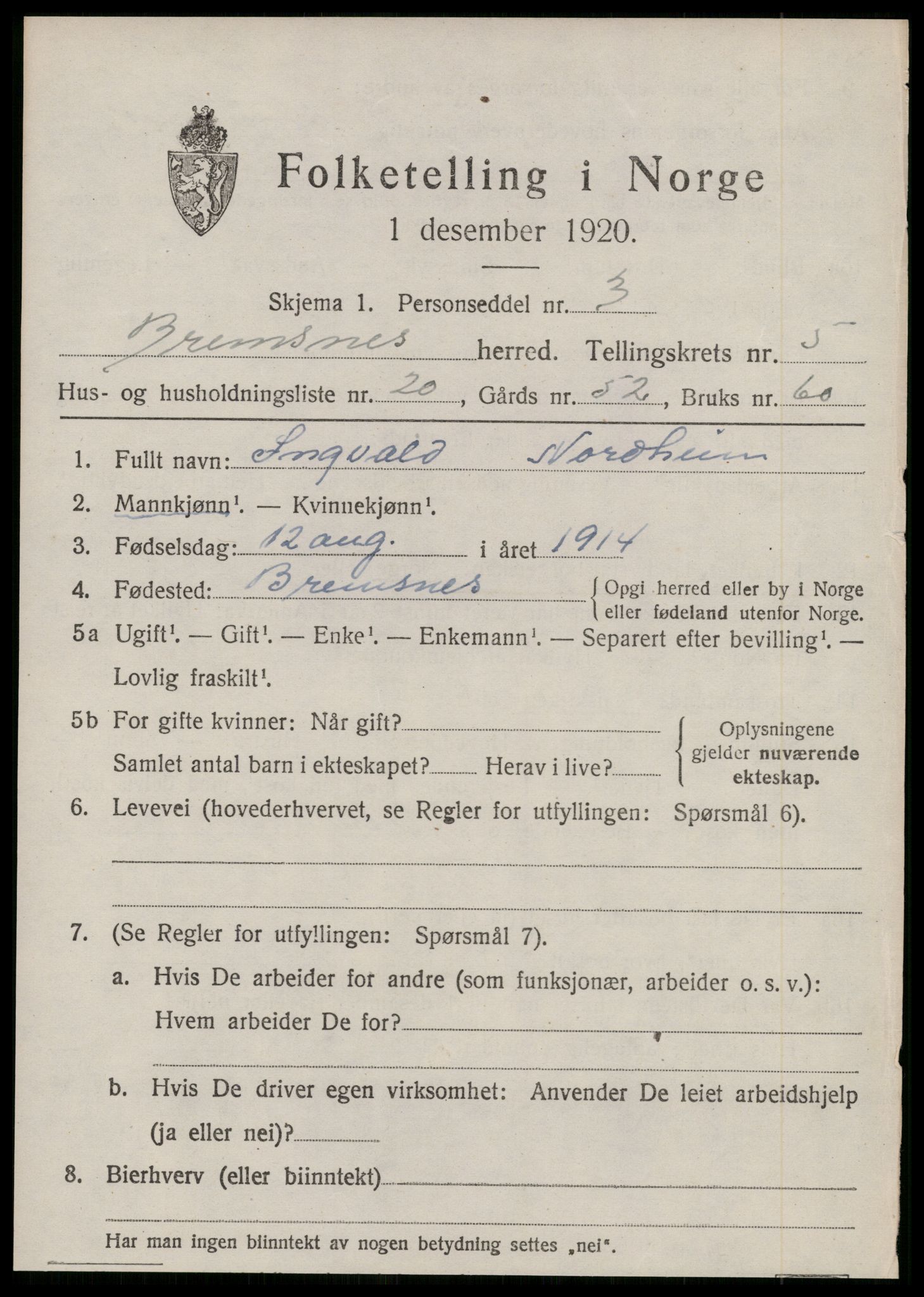 SAT, 1920 census for Bremsnes, 1920, p. 4595