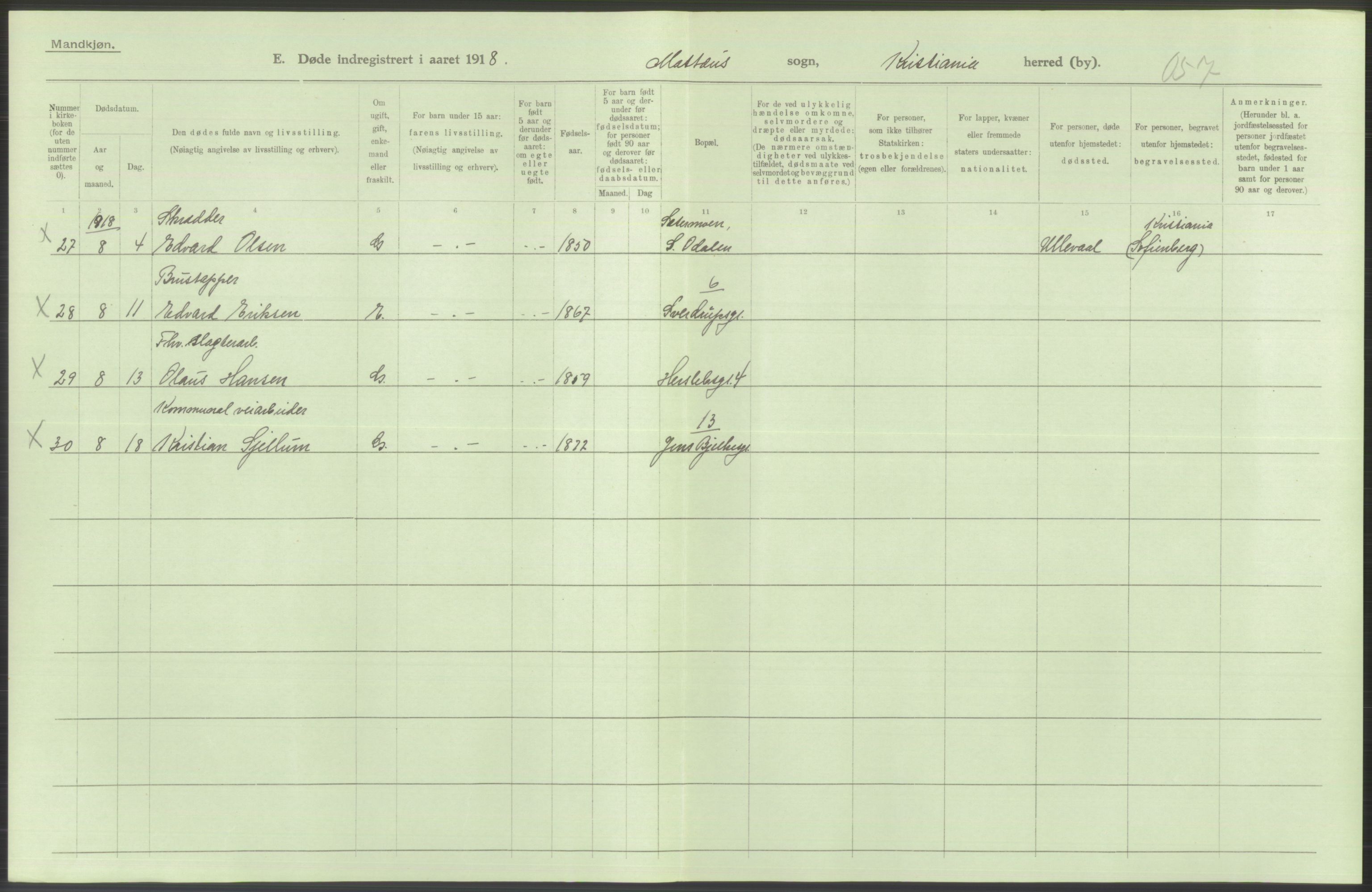 Statistisk sentralbyrå, Sosiodemografiske emner, Befolkning, AV/RA-S-2228/D/Df/Dfb/Dfbh/L0010: Kristiania: Døde, 1918, p. 694