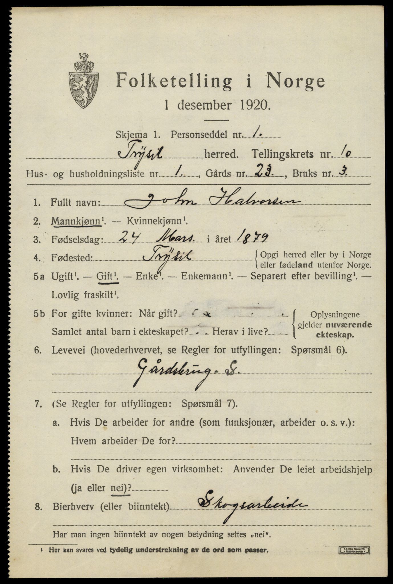 SAH, 1920 census for Trysil, 1920, p. 6863