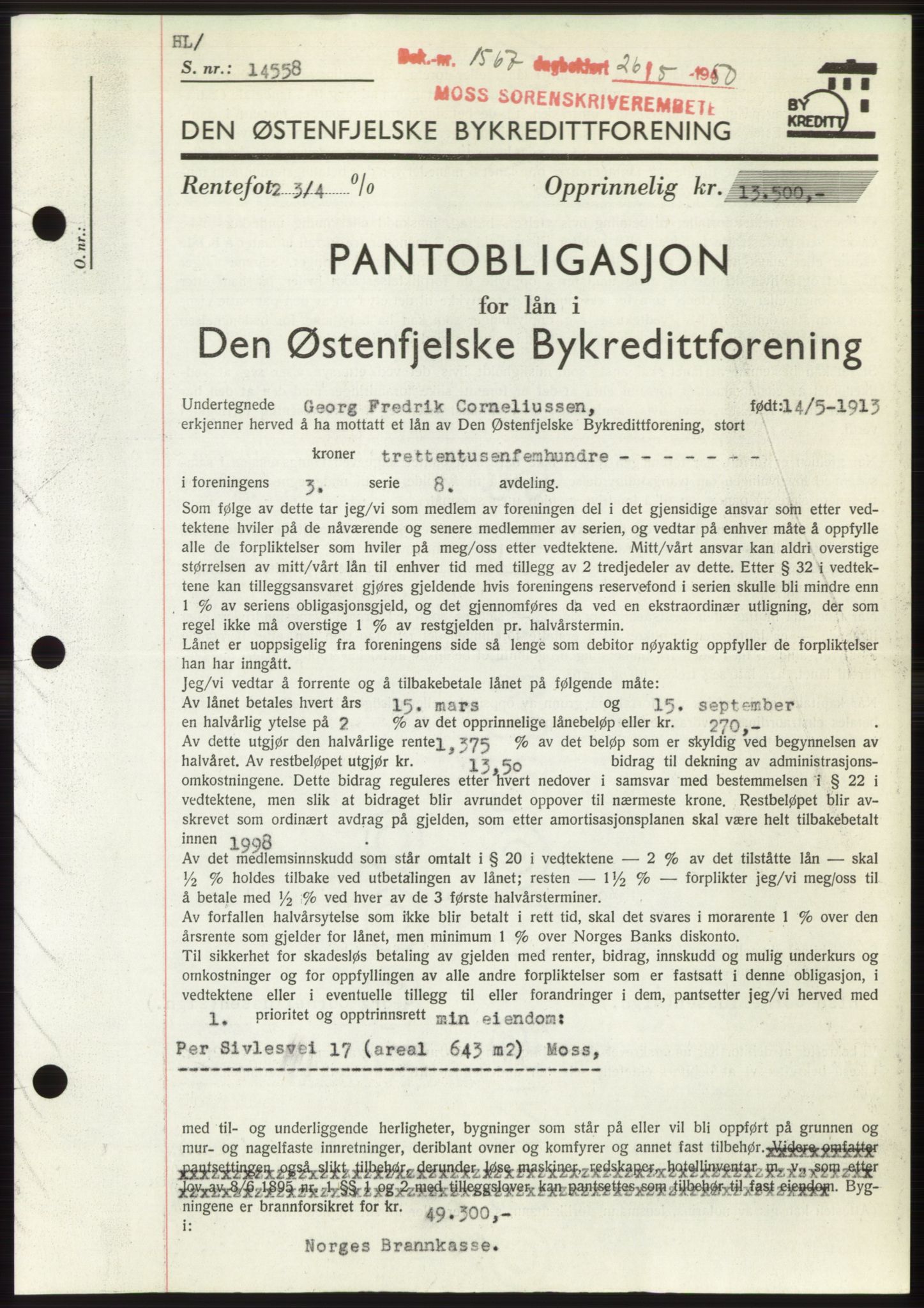 Moss sorenskriveri, AV/SAO-A-10168: Mortgage book no. B24, 1950-1950, Diary no: : 1567/1950