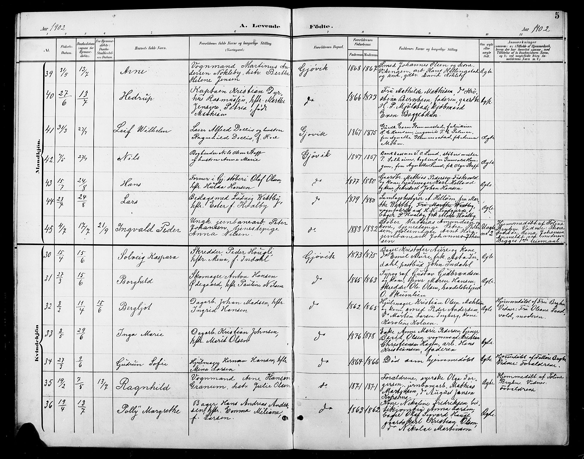 Vardal prestekontor, SAH/PREST-100/H/Ha/Hab/L0012: Parish register (copy) no. 12, 1902-1911, p. 5