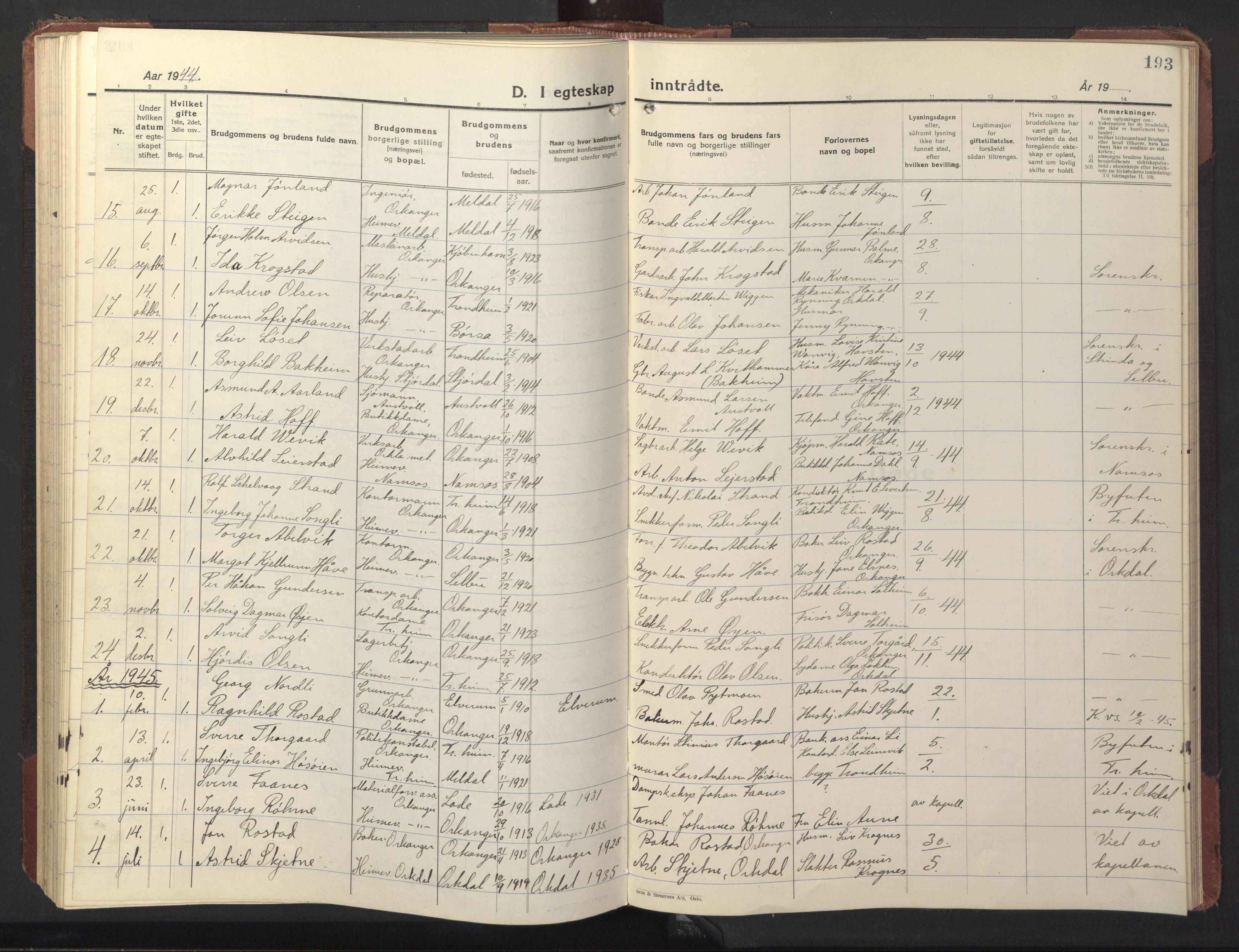 Ministerialprotokoller, klokkerbøker og fødselsregistre - Sør-Trøndelag, SAT/A-1456/669/L0832: Parish register (copy) no. 669C02, 1925-1953, p. 193