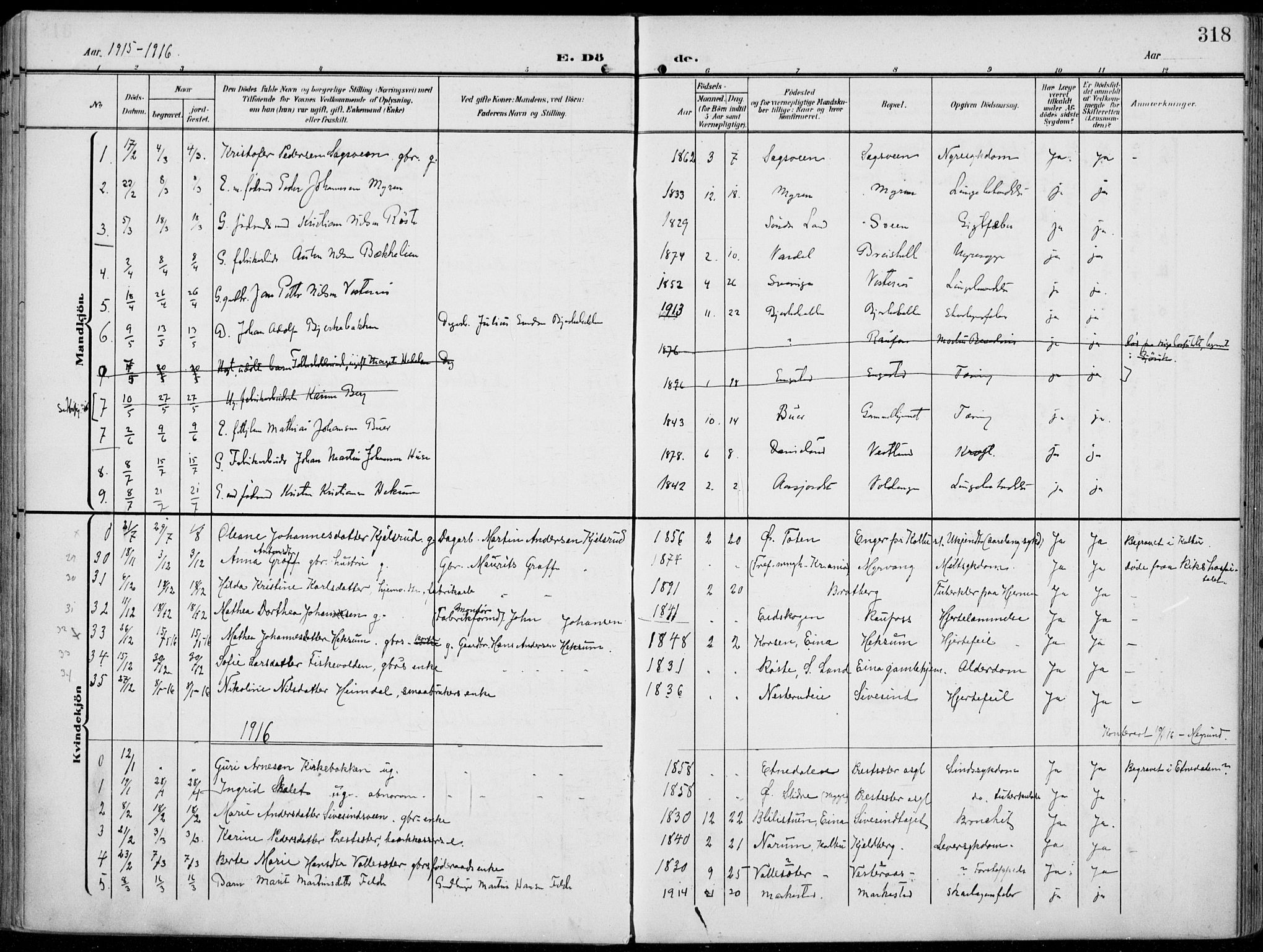 Vestre Toten prestekontor, SAH/PREST-108/H/Ha/Haa/L0014: Parish register (official) no. 14, 1907-1920, p. 318