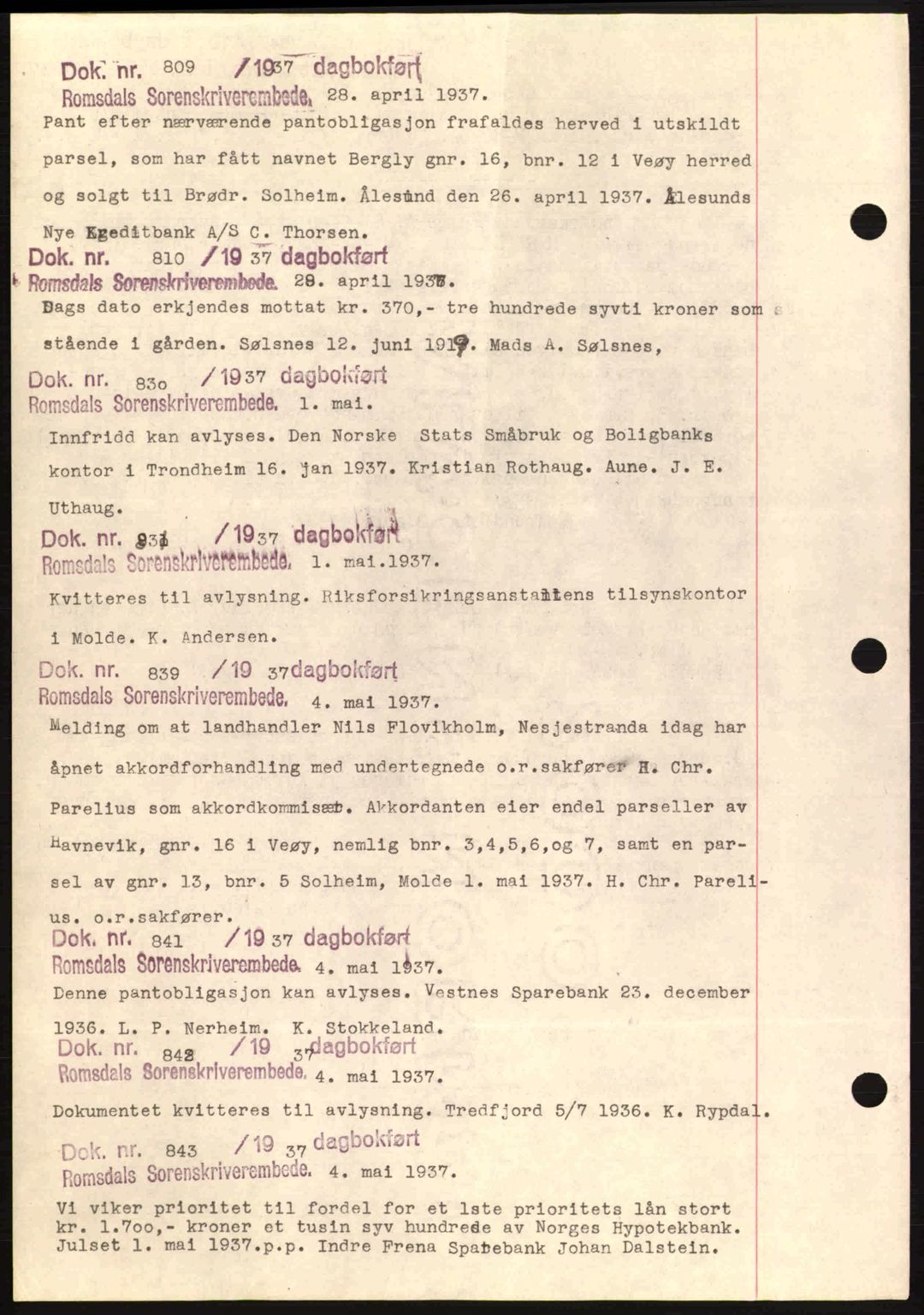 Romsdal sorenskriveri, AV/SAT-A-4149/1/2/2C: Mortgage book no. C1a, 1936-1945, Diary no: : 809/1937