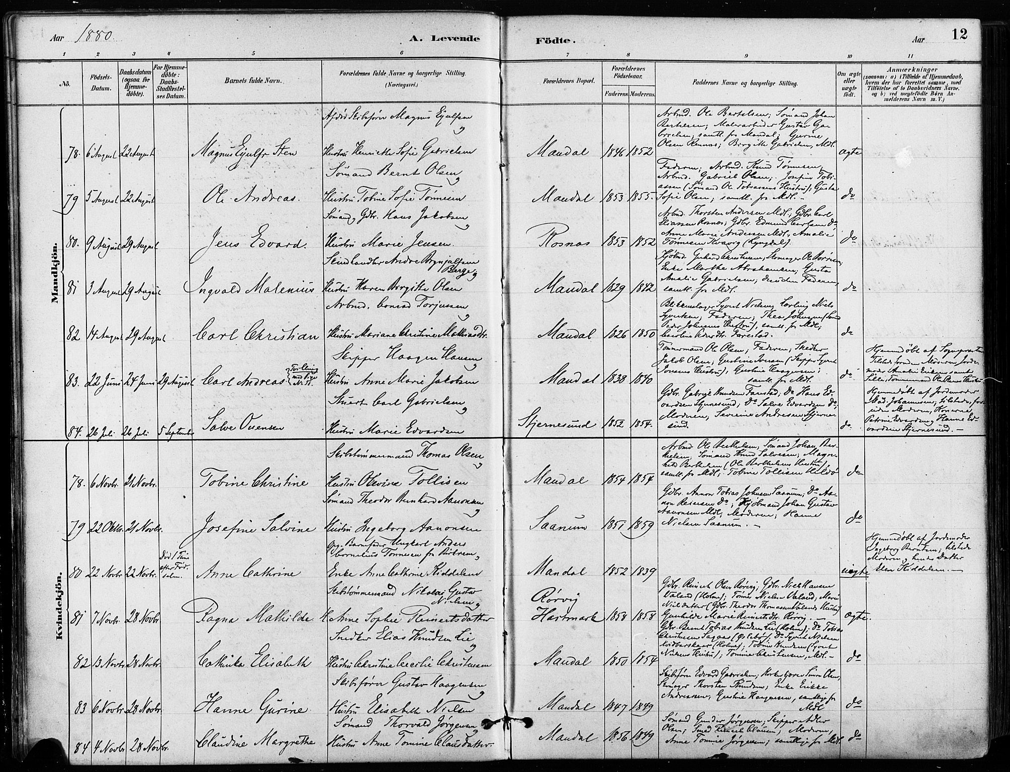 Mandal sokneprestkontor, SAK/1111-0030/F/Fa/Faa/L0016: Parish register (official) no. A 16, 1880-1890, p. 12