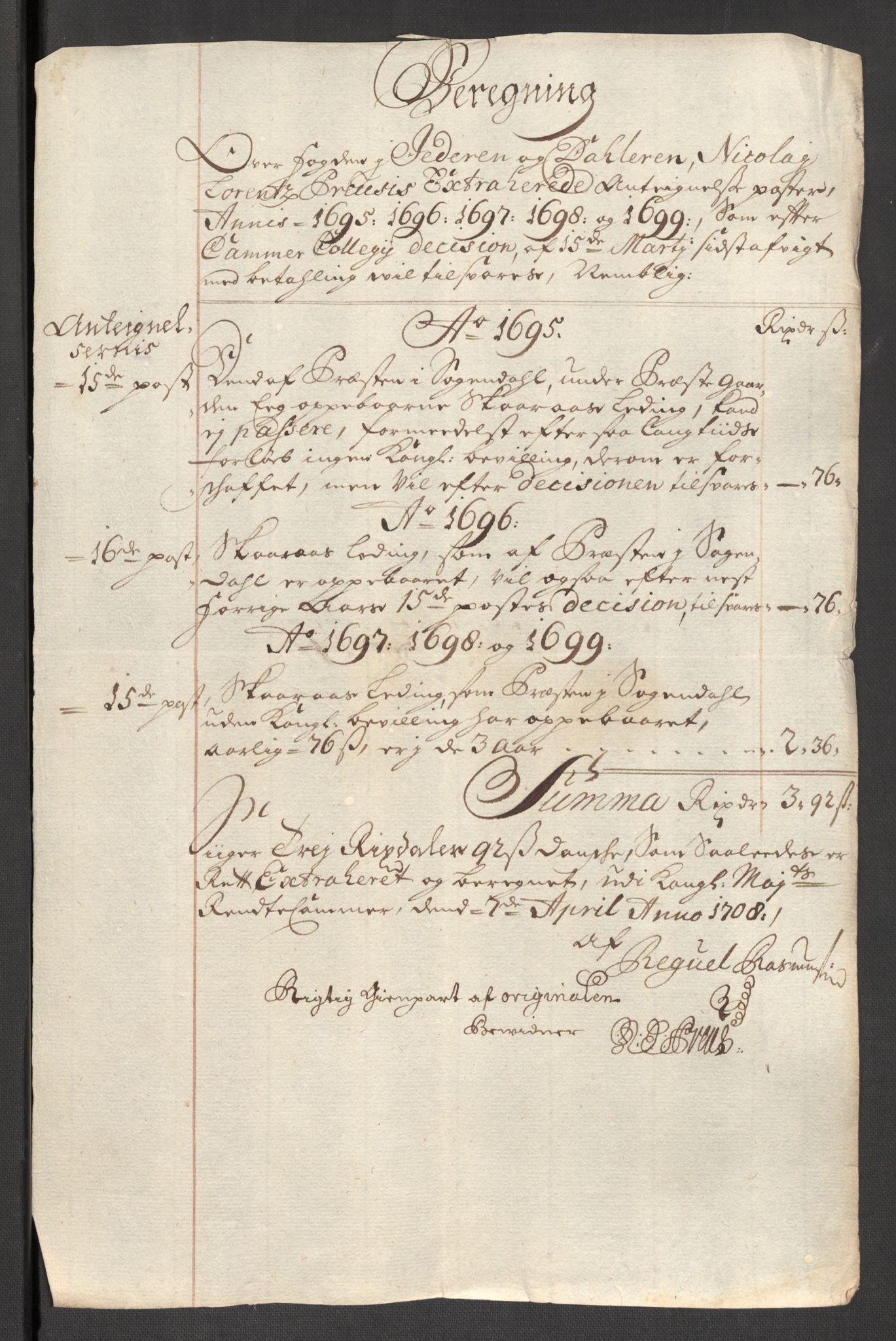 Rentekammeret inntil 1814, Reviderte regnskaper, Fogderegnskap, RA/EA-4092/R46/L2733: Fogderegnskap Jæren og Dalane, 1705-1708, p. 367