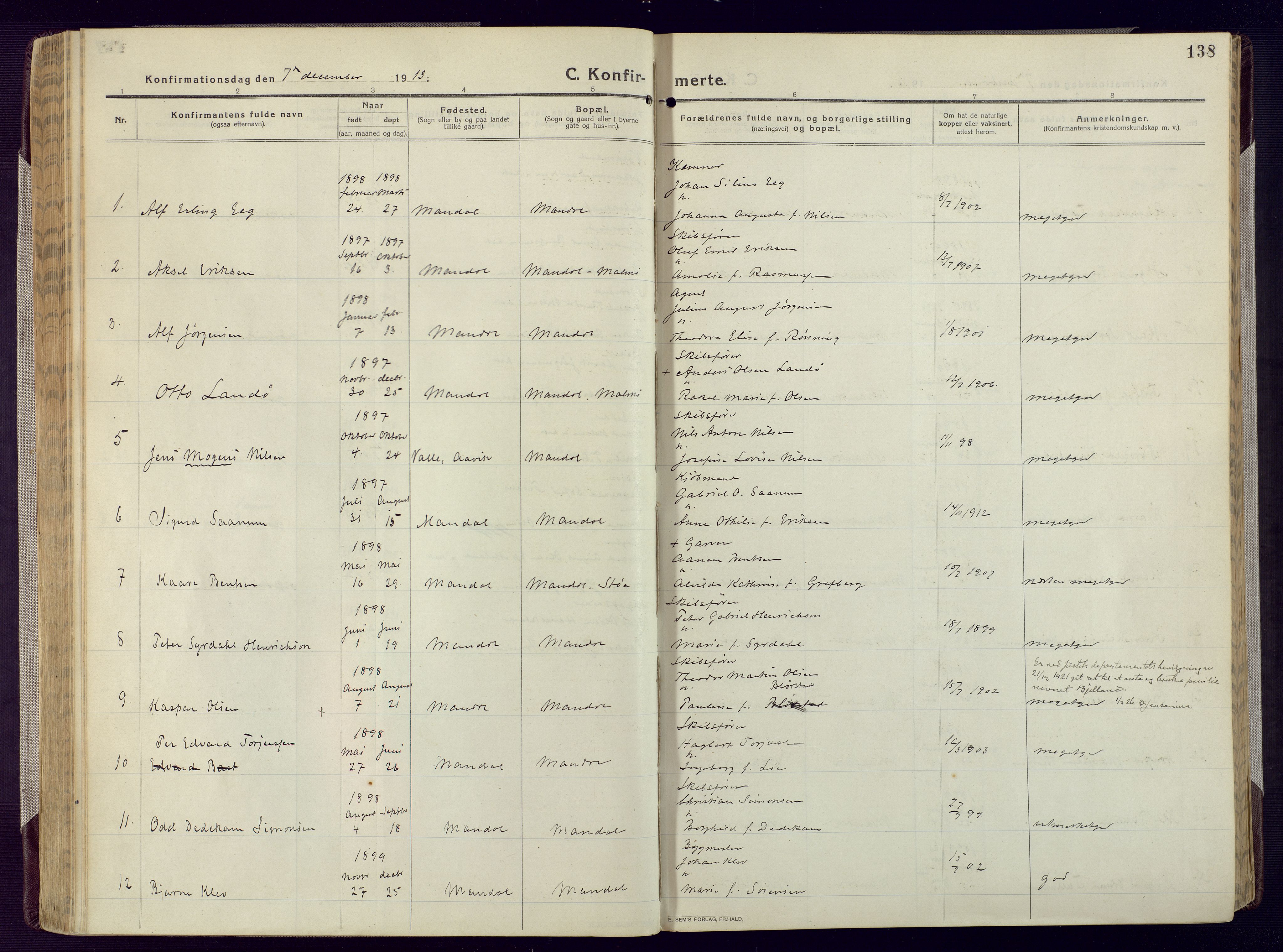 Mandal sokneprestkontor, AV/SAK-1111-0030/F/Fa/Fac/L0001: Parish register (official) no. A 1, 1913-1925, p. 138