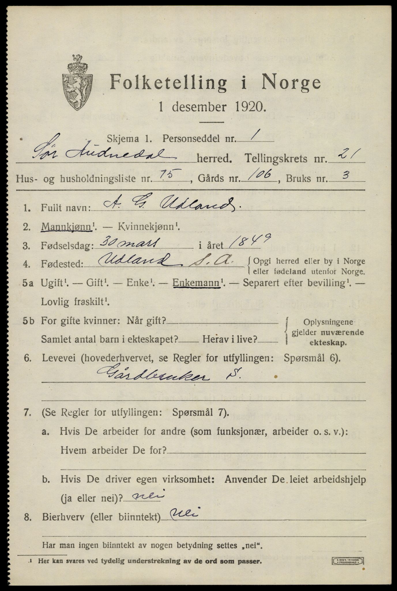 SAK, 1920 census for Sør-Audnedal, 1920, p. 7025