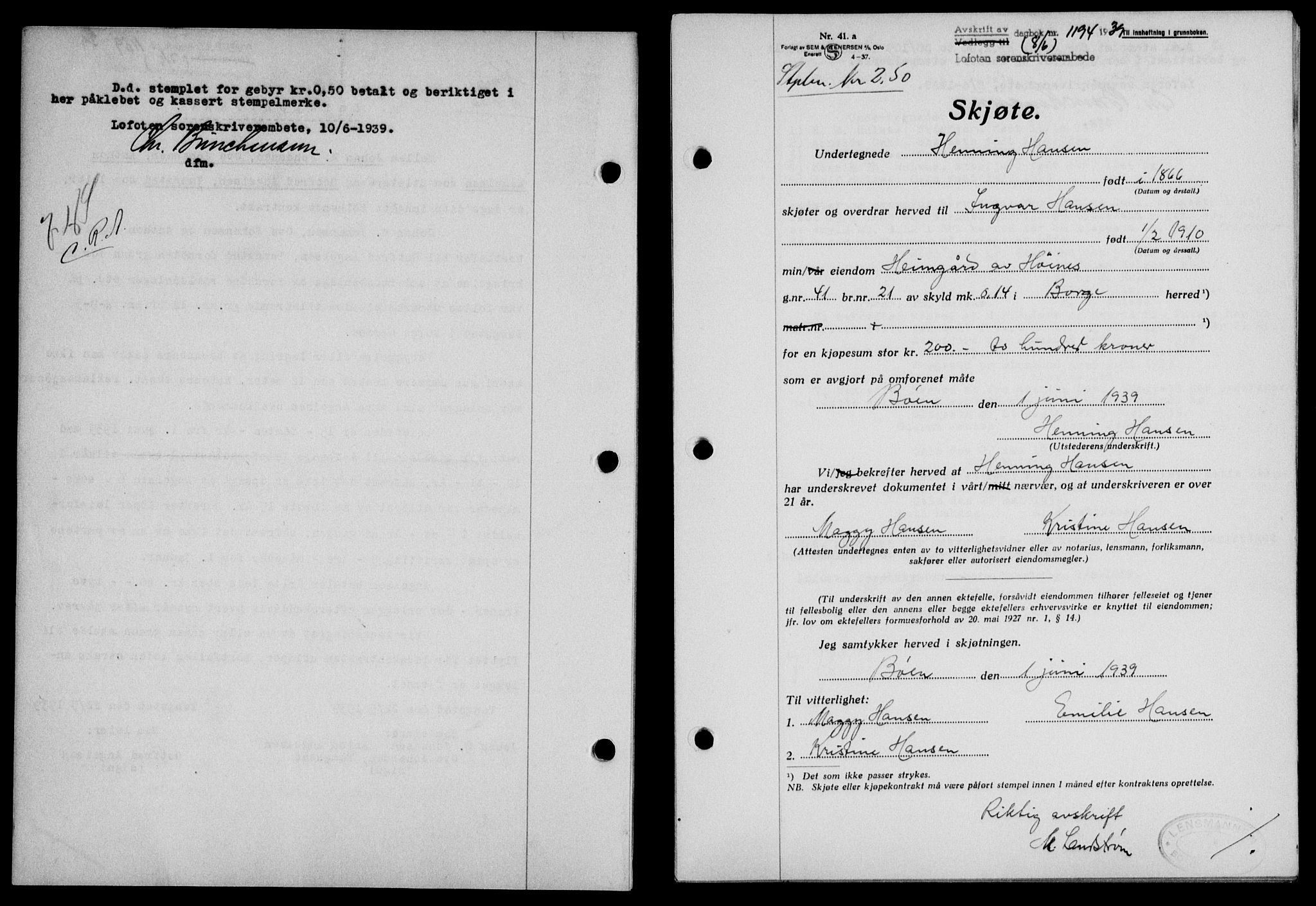 Lofoten sorenskriveri, SAT/A-0017/1/2/2C/L0005a: Mortgage book no. 5a, 1939-1939, Diary no: : 1194/1939